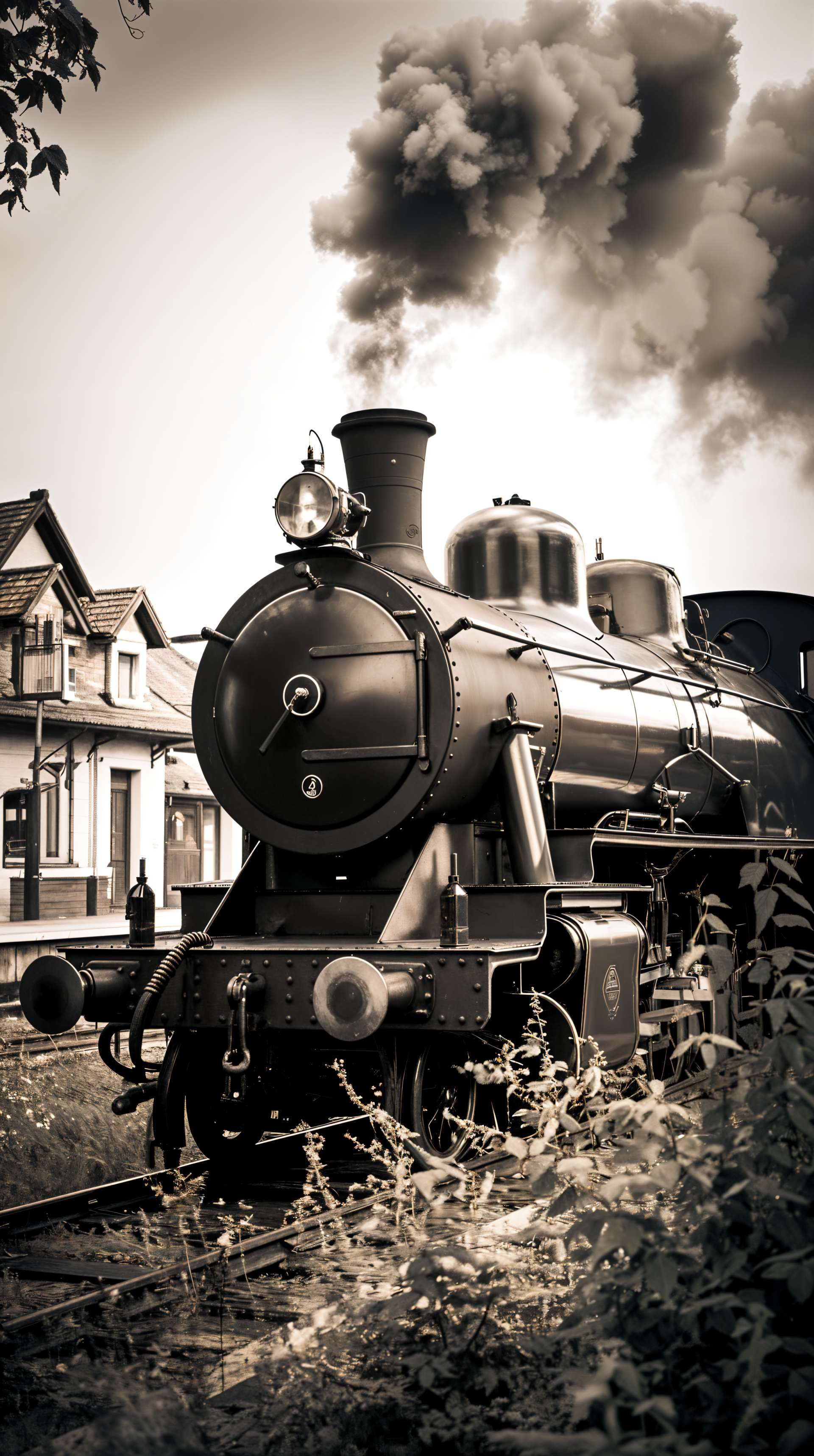 A vintage locomotive billows steam, surrounded by lush greenery and quaint buildings. This striking image serves as a captivating phone wallpaper.