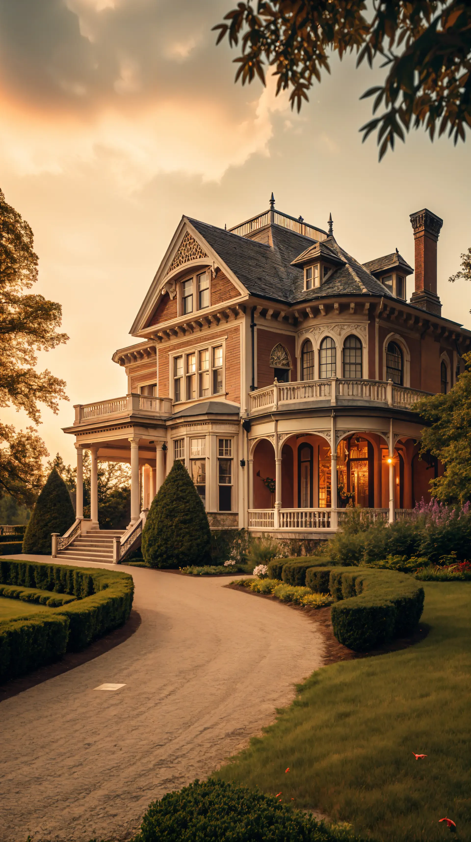 An elegant mansion with intricate architecture, surrounded by manicured gardens and a scenic pathway, creates a captivating atmosphere for an engaging phone wallpaper.