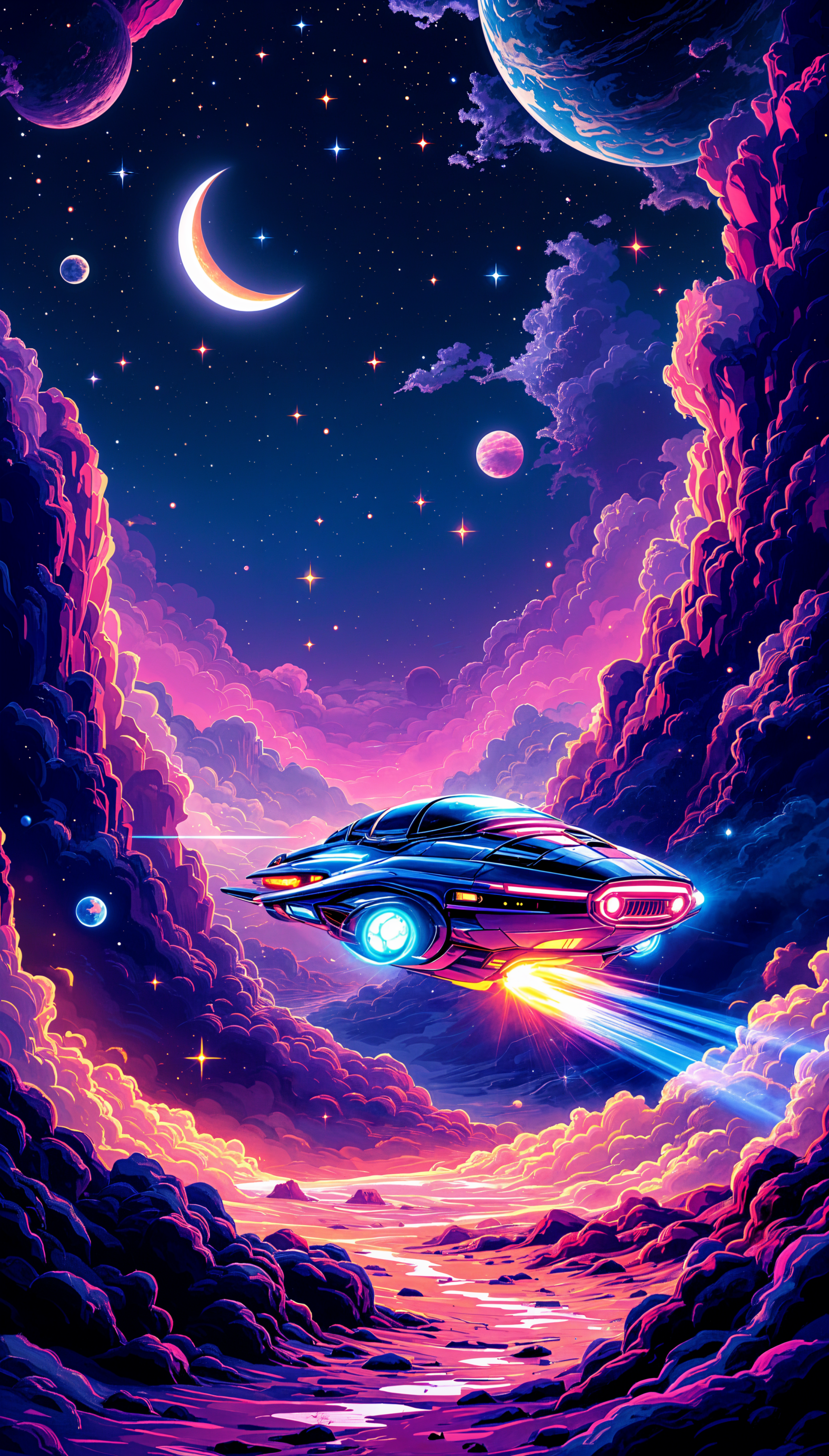 Vibrant space scene wallpaper showing a sleek spaceship flying through colorful cosmic clouds, with stars, planets, and a crescent moon in the galaxy-lit sky, designed for iPhone and Android.