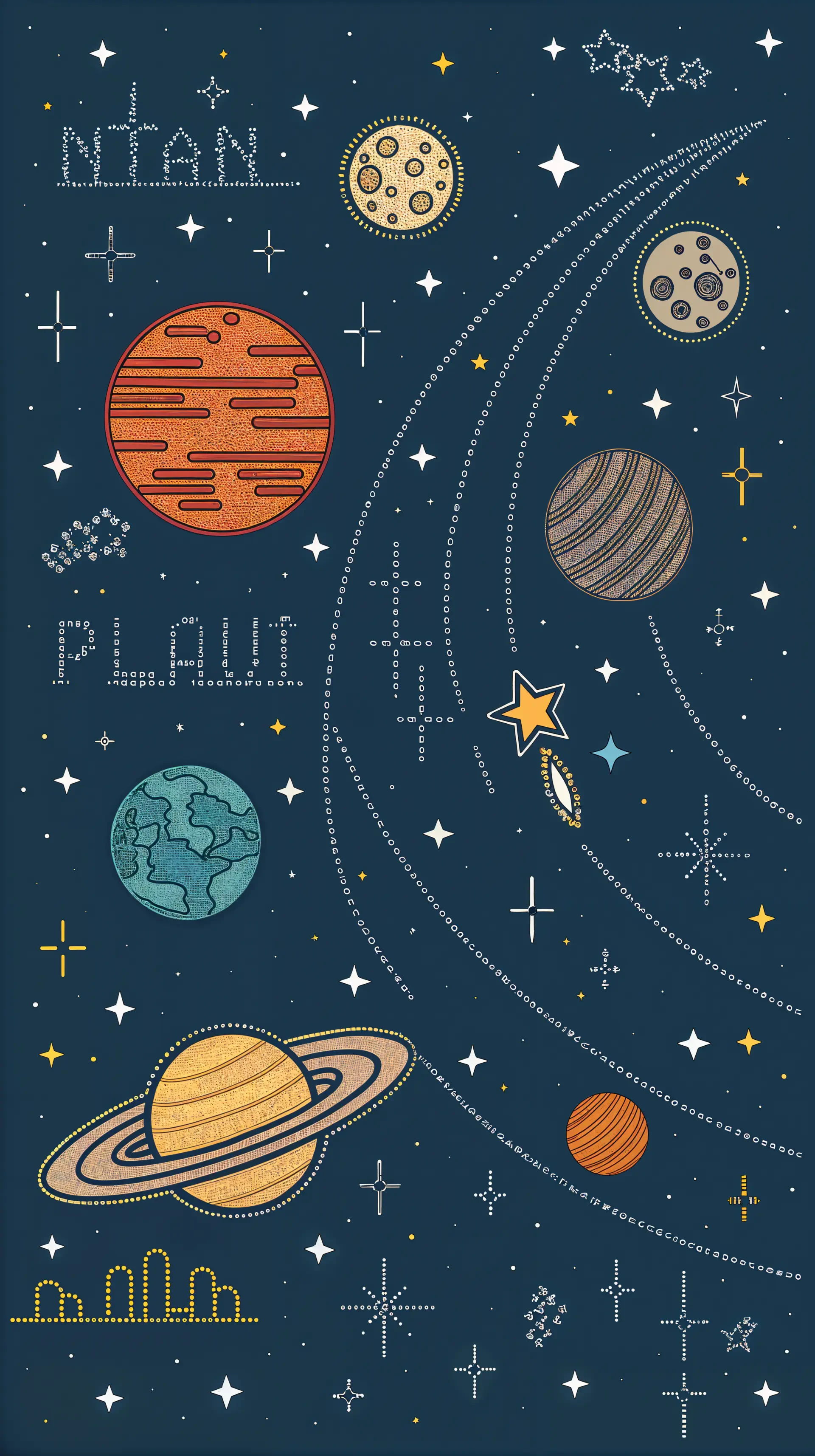 A whimsical astronomy-themed phone wallpaper featuring colorful planets, stars, and the word PLANET in a playful design against a dark background.