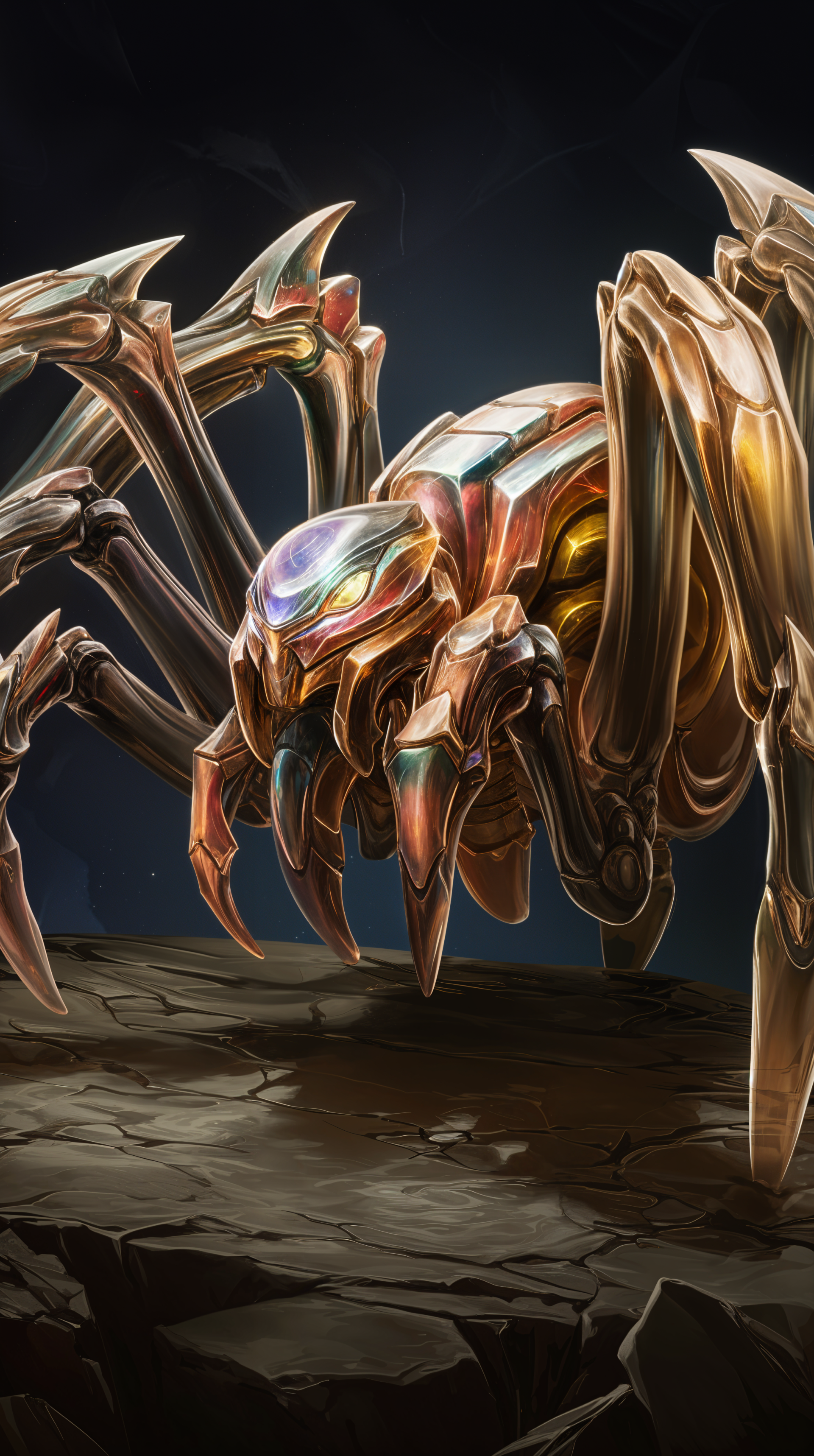 A detailed and striking phone wallpaper featuring a metallic, robotic spider with vibrant colors, set against a dark, textured background.