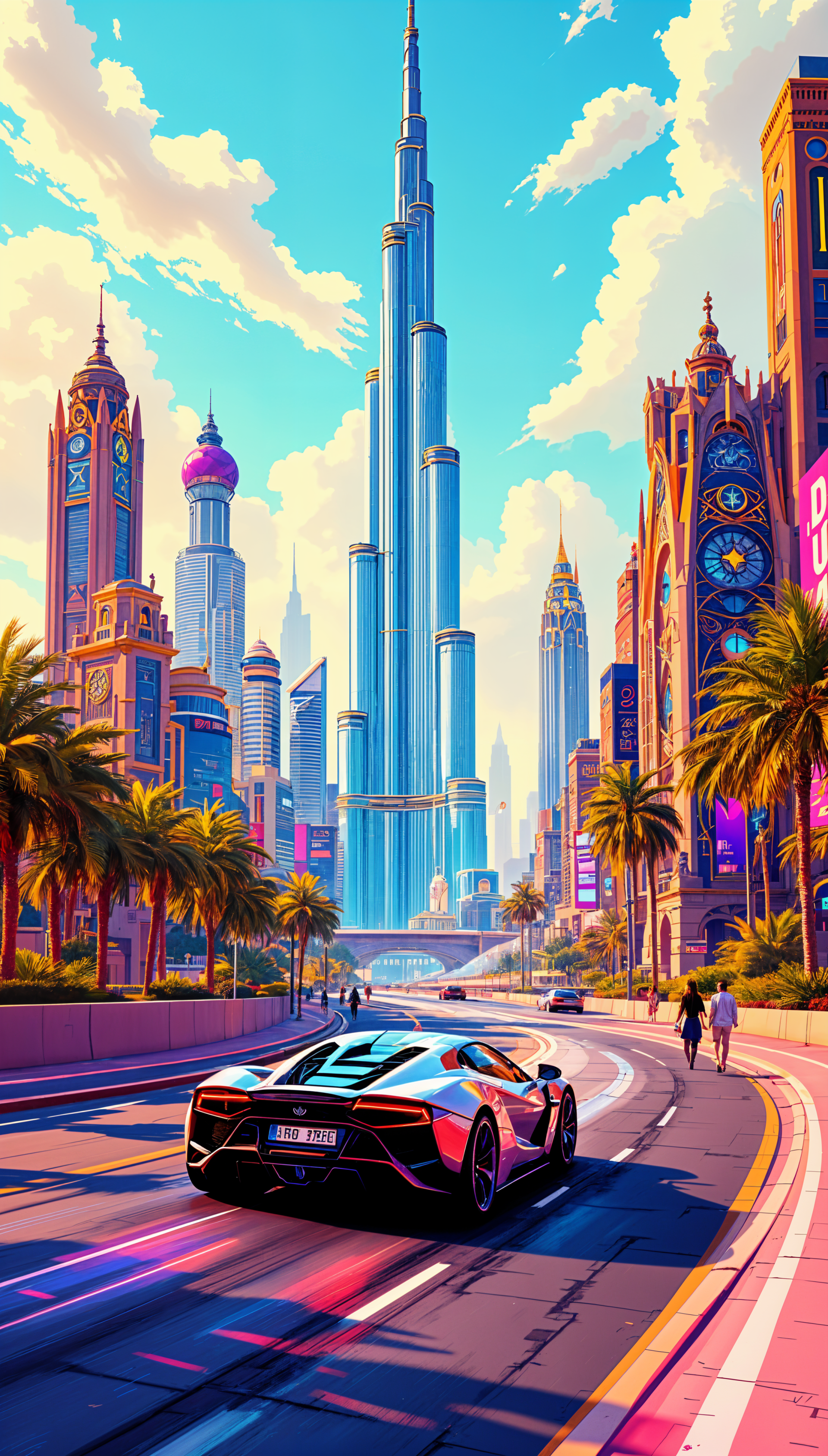 A vibrant digital wallpaper of Dubai, featuring a sleek sports car on a lively street with towering skyscrapers, palm trees, and a bright blue sky enhancing the city's dynamic atmosphere.