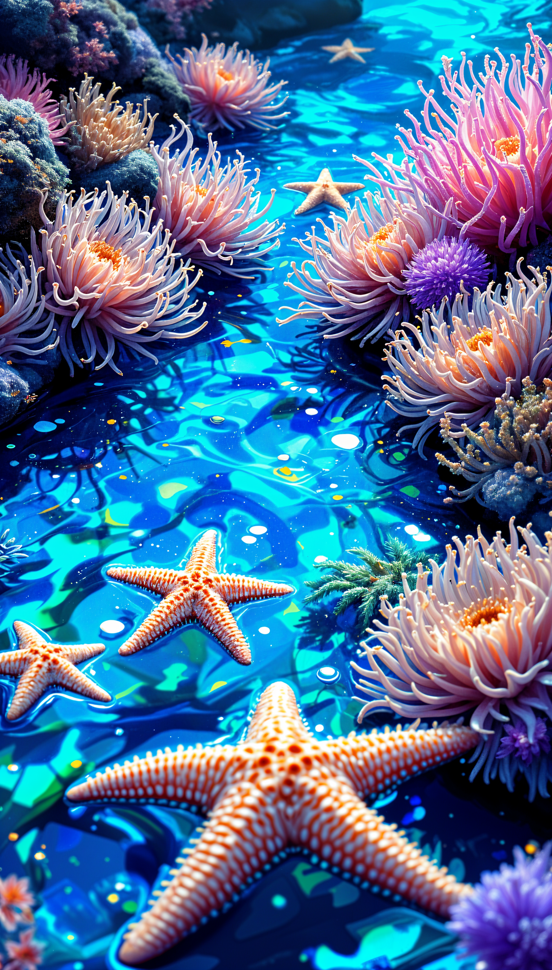 Vibrant tide pool scene featuring colorful anemones and starfish against a shimmering blue backdrop, providing a captivating phone wallpaper.