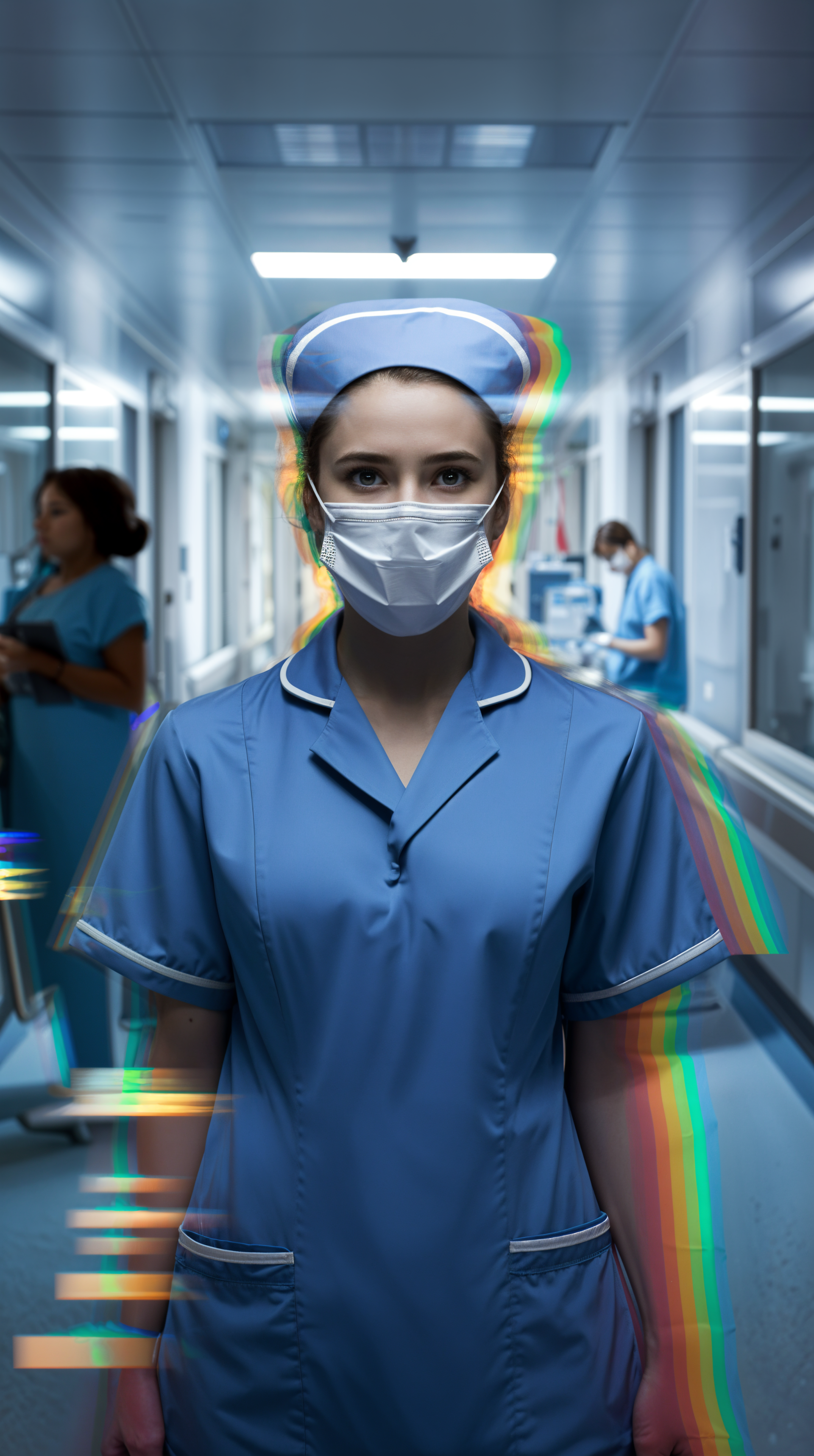 Phone wallpaper of a masked nurse in hospital scrubs walking through a healthcare corridor during the pandemic, captured with a subtle digital glitch effect.