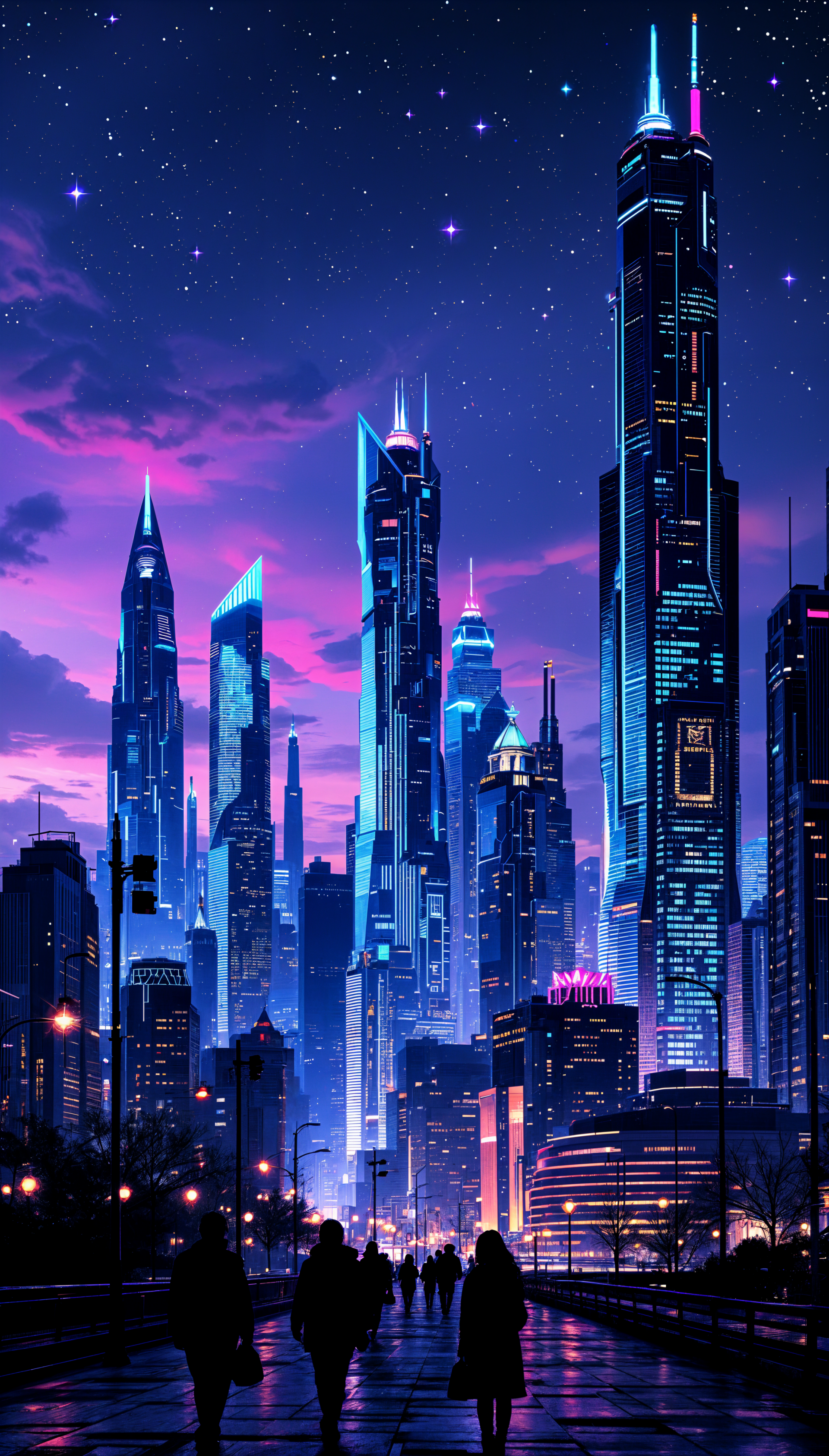 A vibrant skyline illuminated by neon lights, set against a twilight sky filled with stars. This stunning image serves as a captivating phone wallpaper.