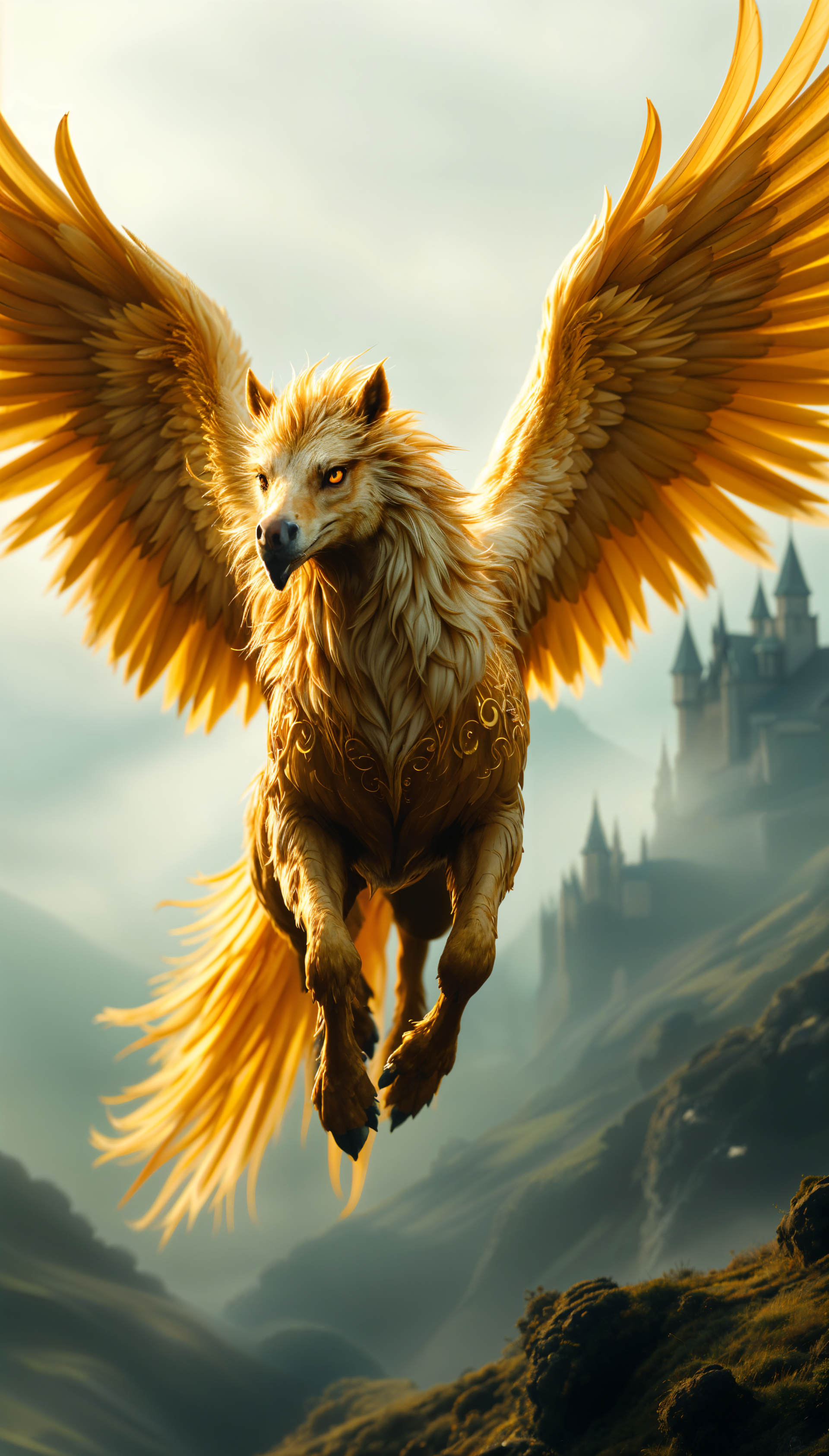 A majestic hippogriff soars through a mystical landscape, its golden wings spread wide, with a castle silhouette in the background, creating a striking phone wallpaper.