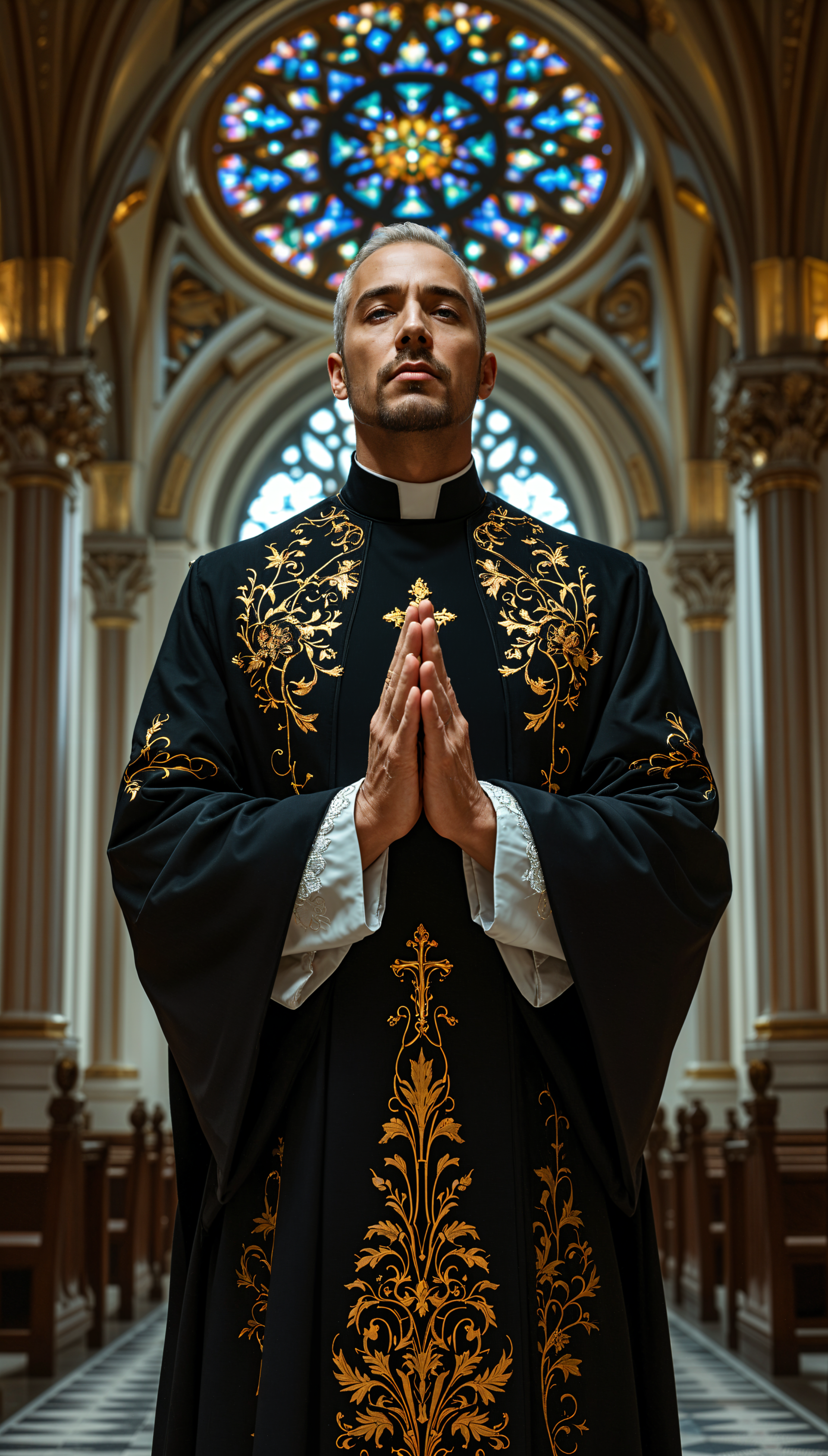 Phone wallpaper showing a priest in ornate robes praying inside a church with intricate columns and a vibrant stained glass window overhead, designed for iPhone and Android displays.