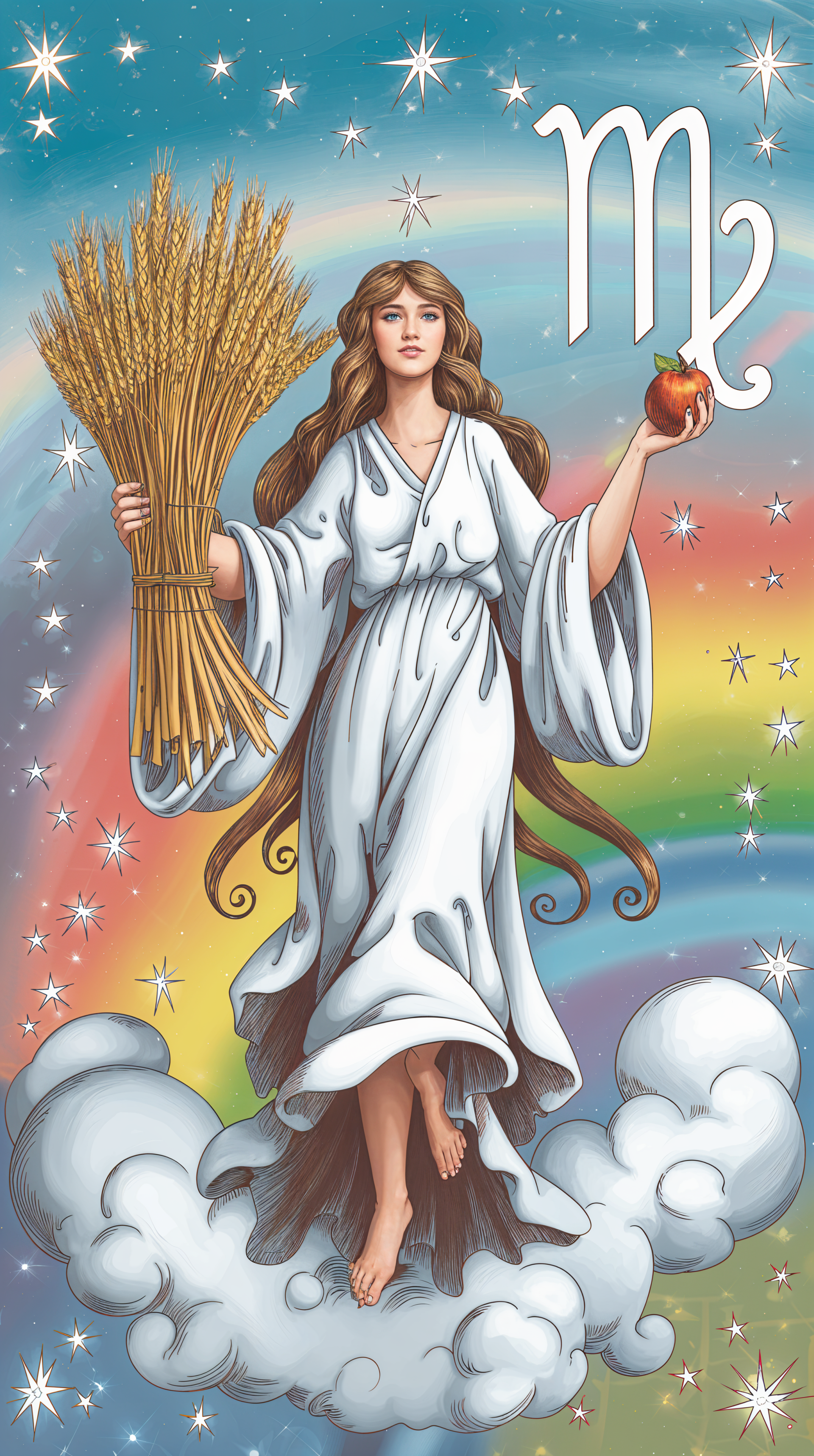 A serene Virgo figure in a flowing robe holds wheat and an apple against a vibrant rainbow background, embodying astrological themes in this enchanting phone wallpaper.