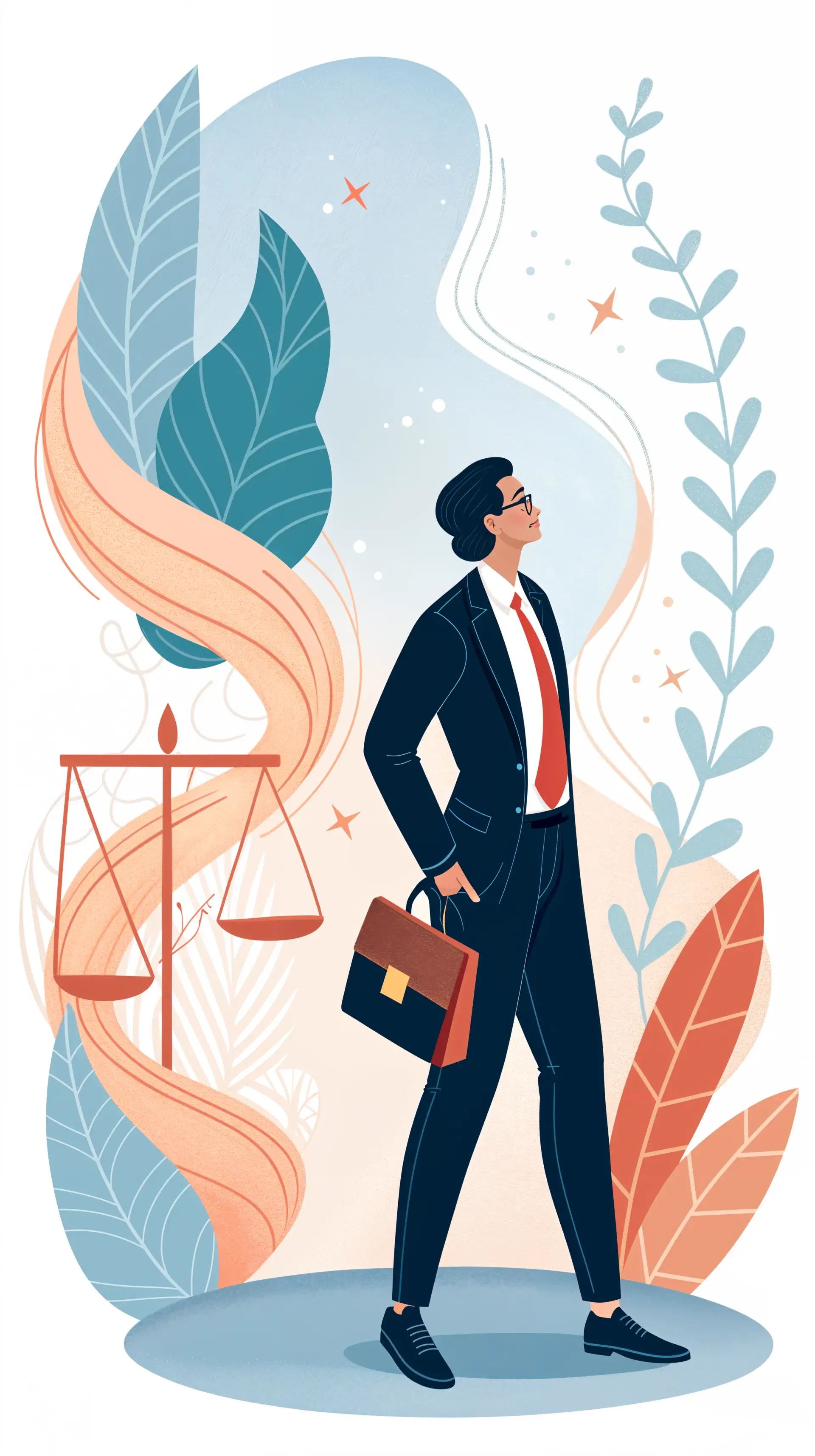 A confident lawyer in a suit holds a briefcase, gazing upward amidst stylized leaves and scales of justice, creating a modern and professional phone wallpaper.