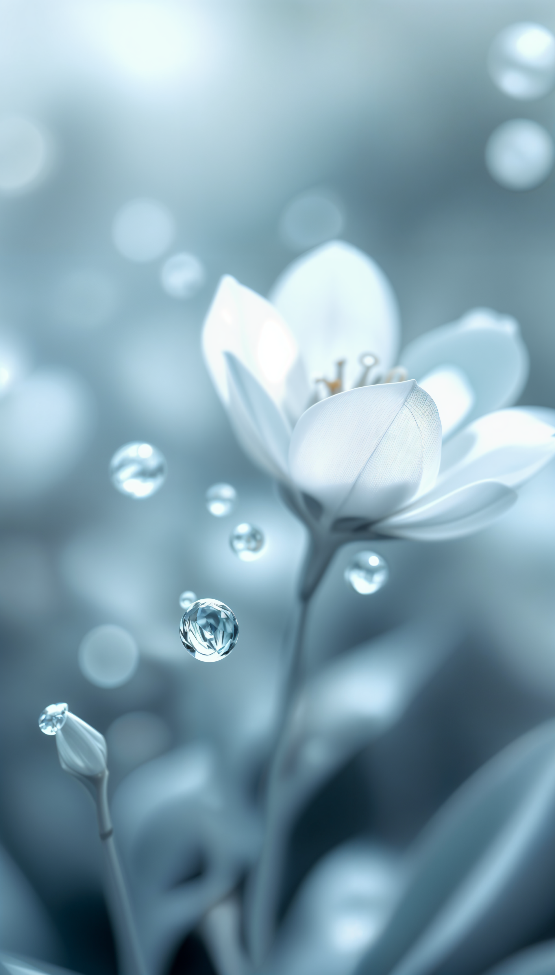 A serene phone wallpaper featuring a delicate white flower, adorned with shimmering droplets of dew, creating a calming and fresh atmosphere.