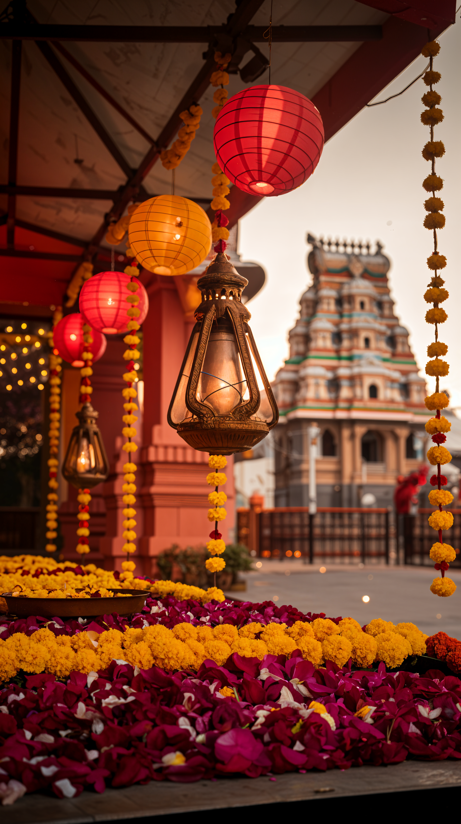 A vibrant Diwali scene featuring decorative lanterns and marigold garlands, with a temple in the background, evokes the festive spirit. This image serves as an attractive phone wallpaper.