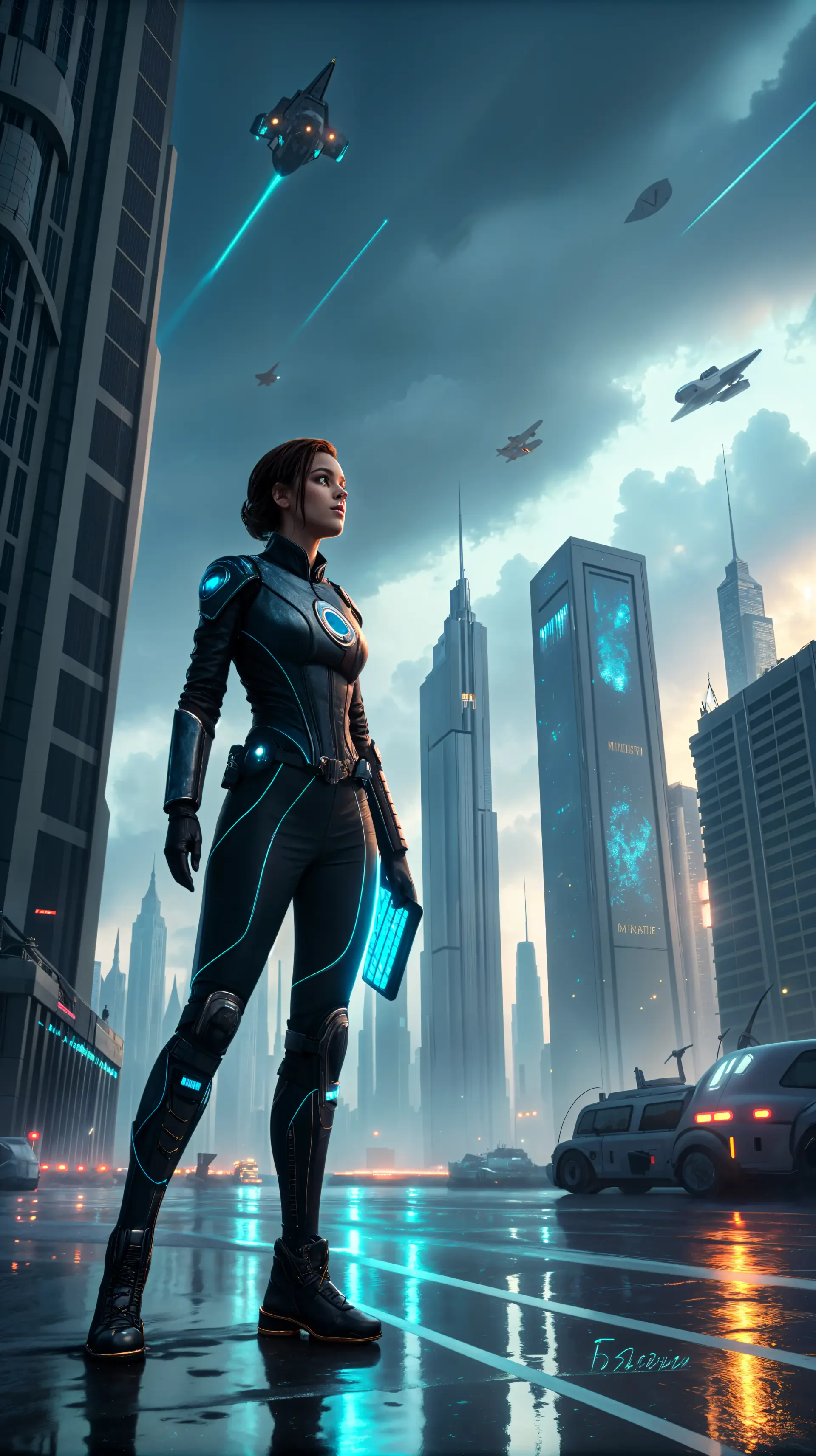 A futuristic phone wallpaper featuring a confident woman in a sleek suit, standing amidst towering skyscrapers and hovering spaceships in a vibrant urban landscape.