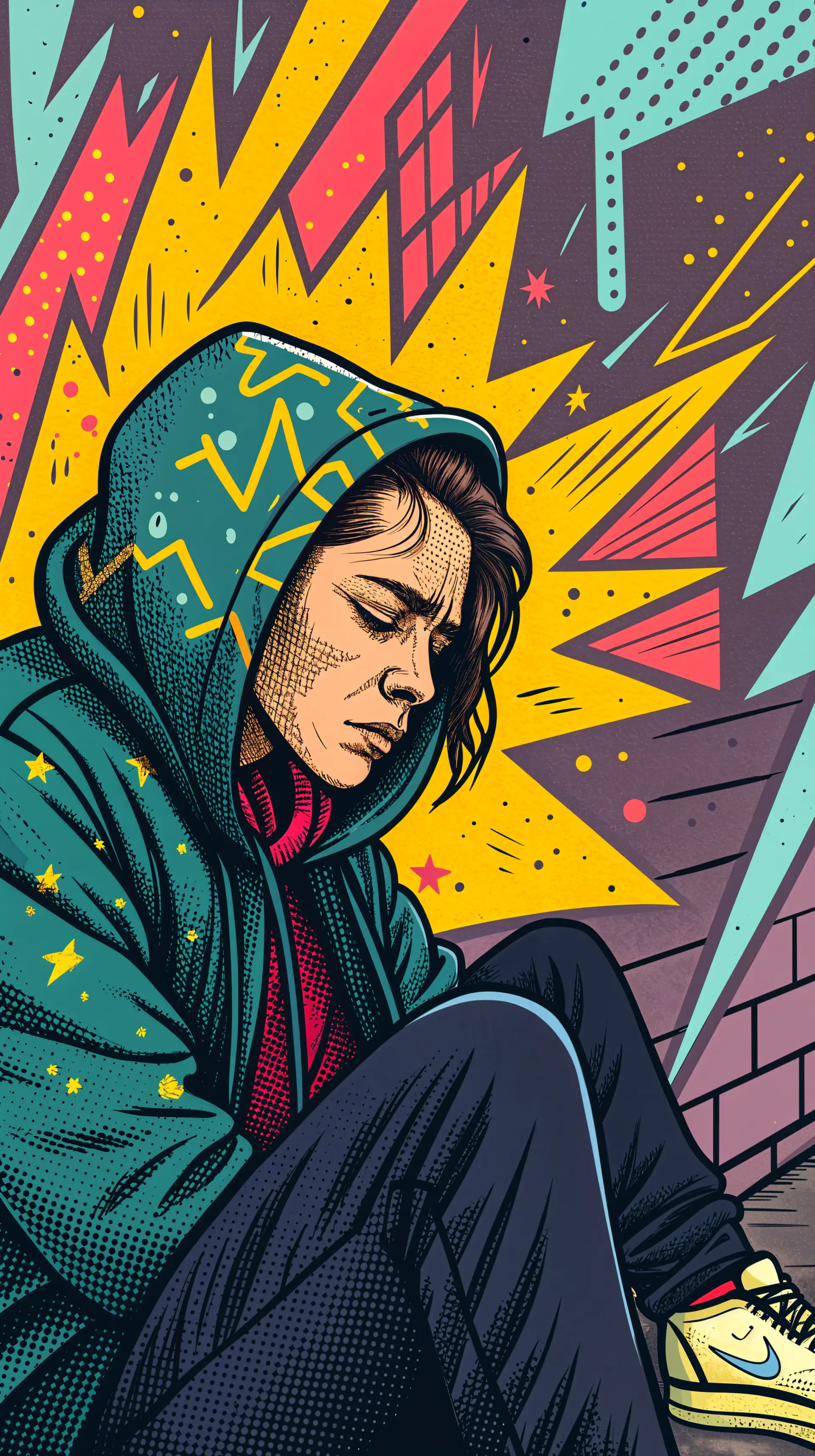 A colorful illustration of a tired person wearing a hoodie, seated against a textured wall. Vibrant bursts of energy radiate in the background, reflecting a blend of exhaustion and creativity.