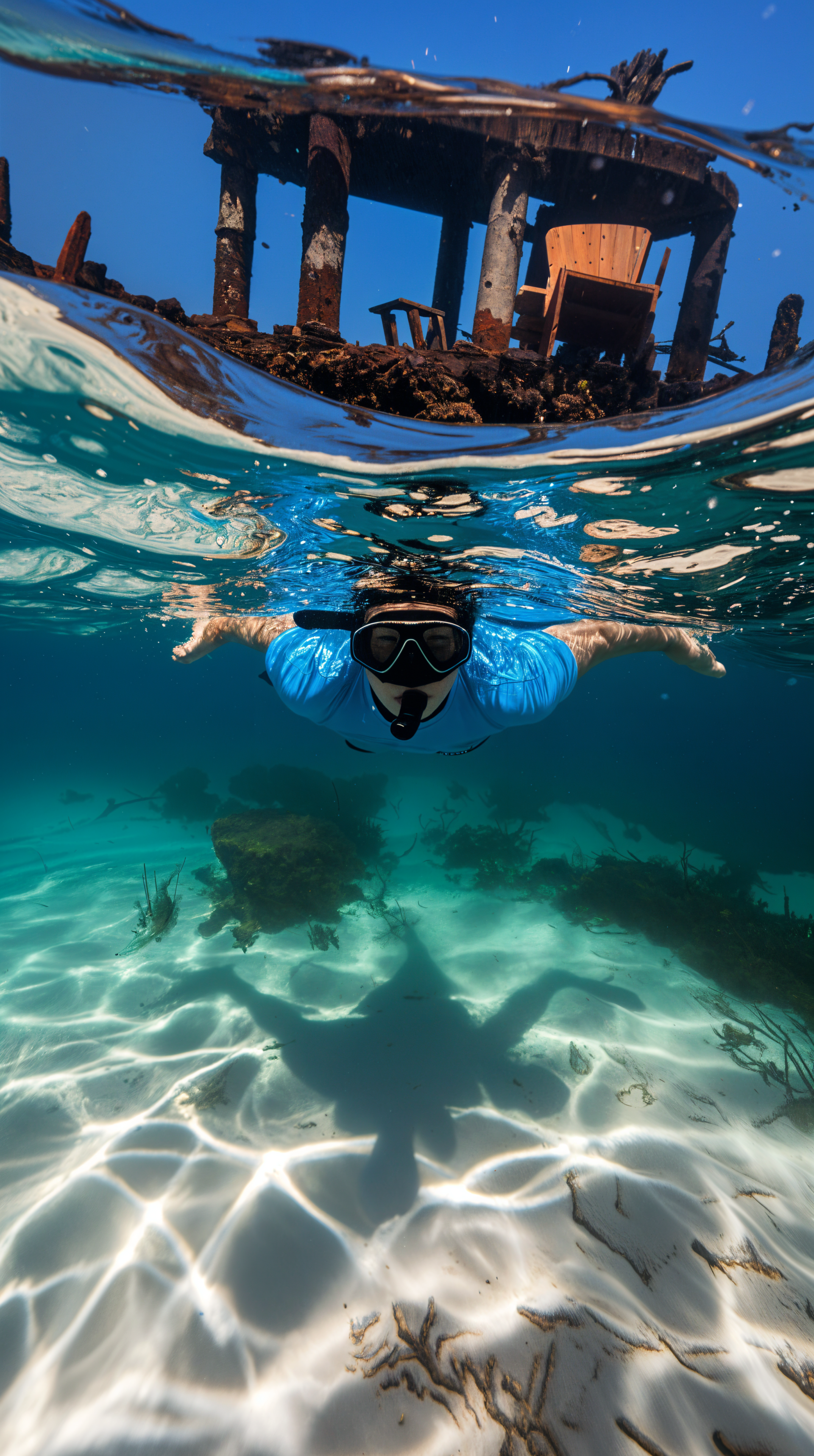 A snorkeler glides through clear turquoise waters, with sunlit reflections on the sandy bottom and remnants of a sunken structure above, creating a serene aquatic scene for a phone wallpaper.