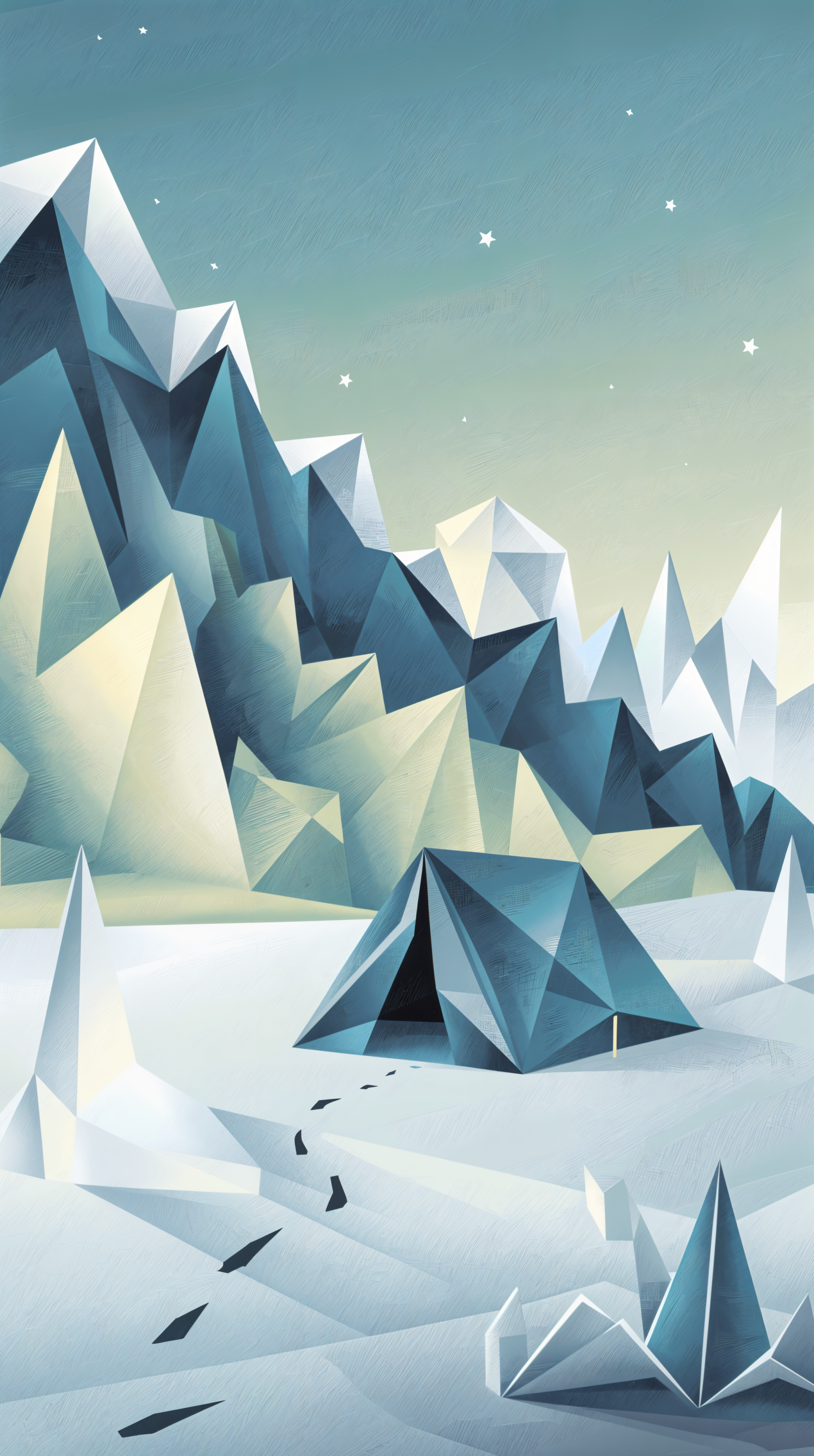 A geometric, icy landscape depicts towering mountains and a camping tent, with snow-covered ground and faint footprints, capturing the serene beauty of the Arctic.
