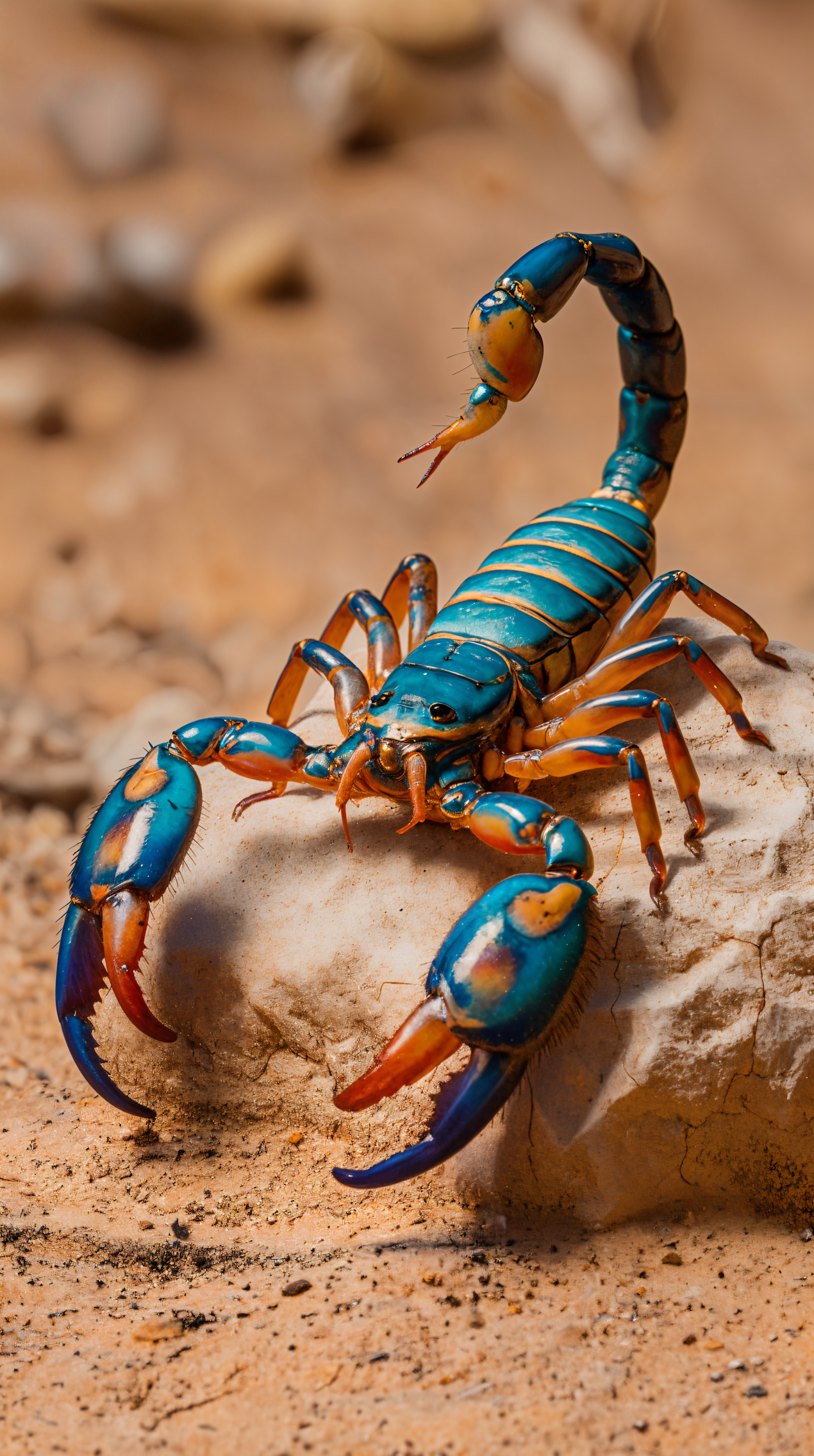A vibrant blue scorpion poses on a rock, showcasing its striking colors and intricate details, making for an eye-catching phone wallpaper.
