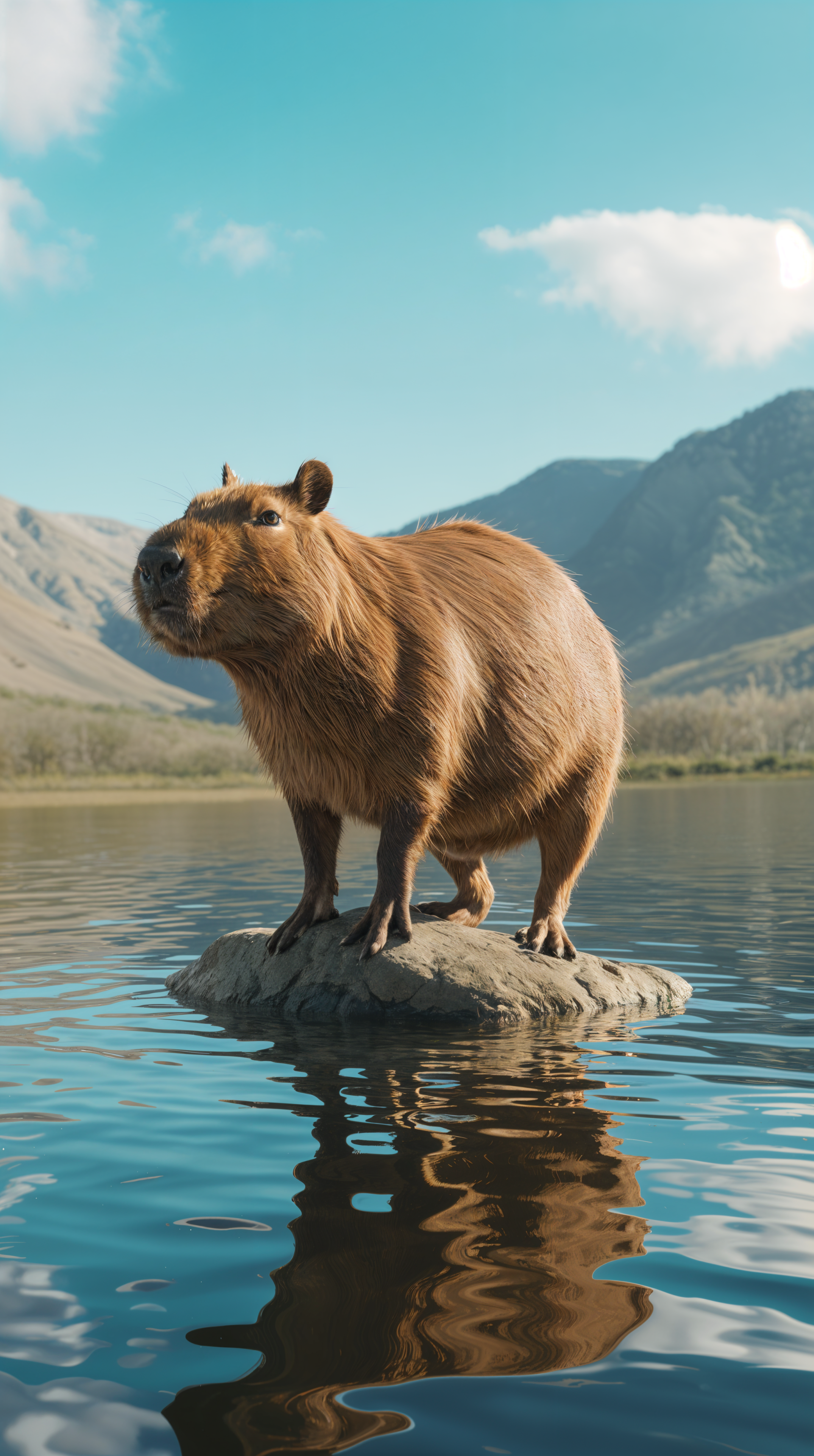 A capybara stands on a rock in a serene body of water, surrounded by mountains and a clear blue sky, creating a tranquil phone wallpaper.