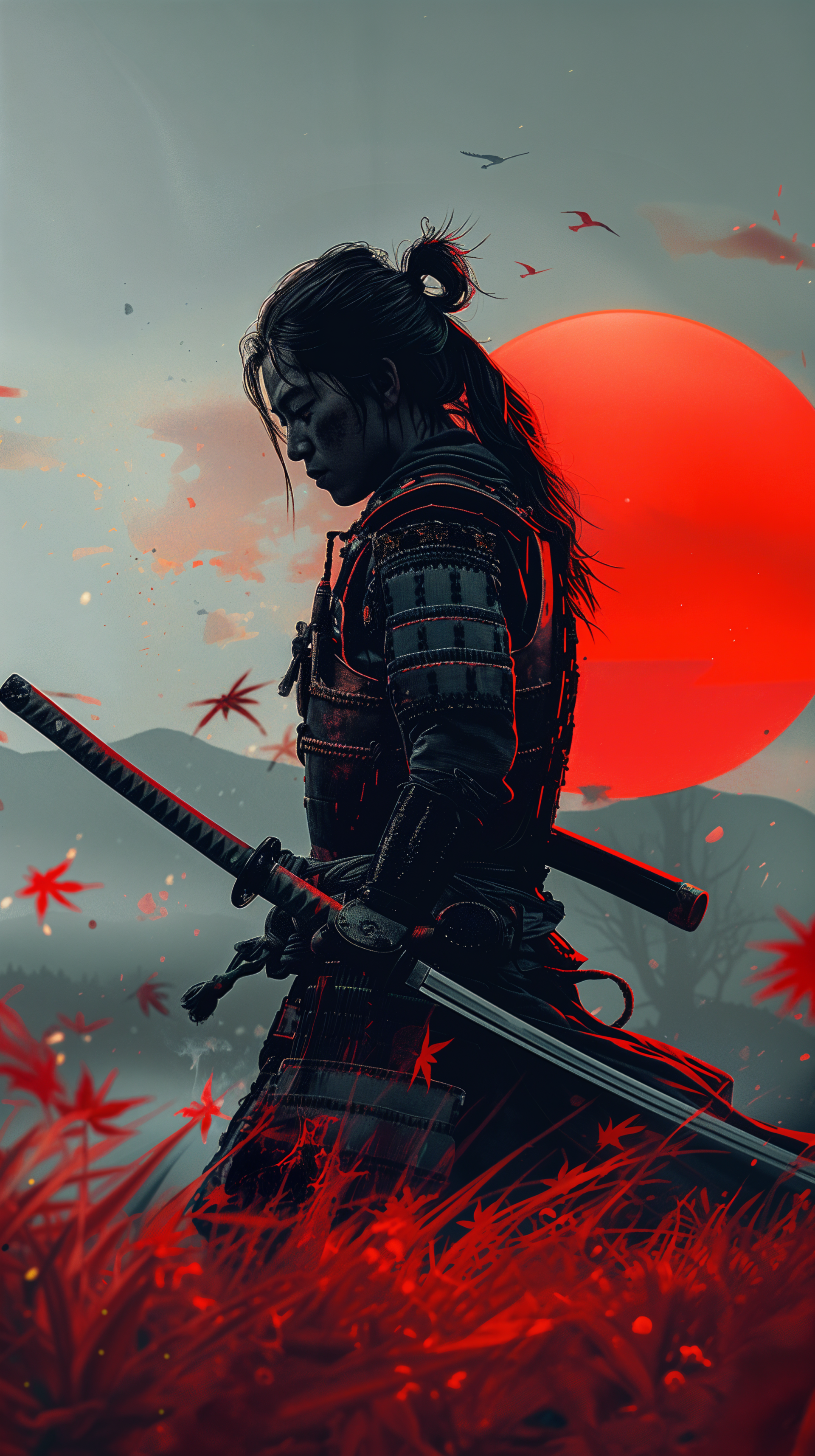 A striking phone wallpaper featuring a samurai in profile, standing amidst red foliage, with a large sun setting in the background, creating a dramatic and fiery atmosphere.