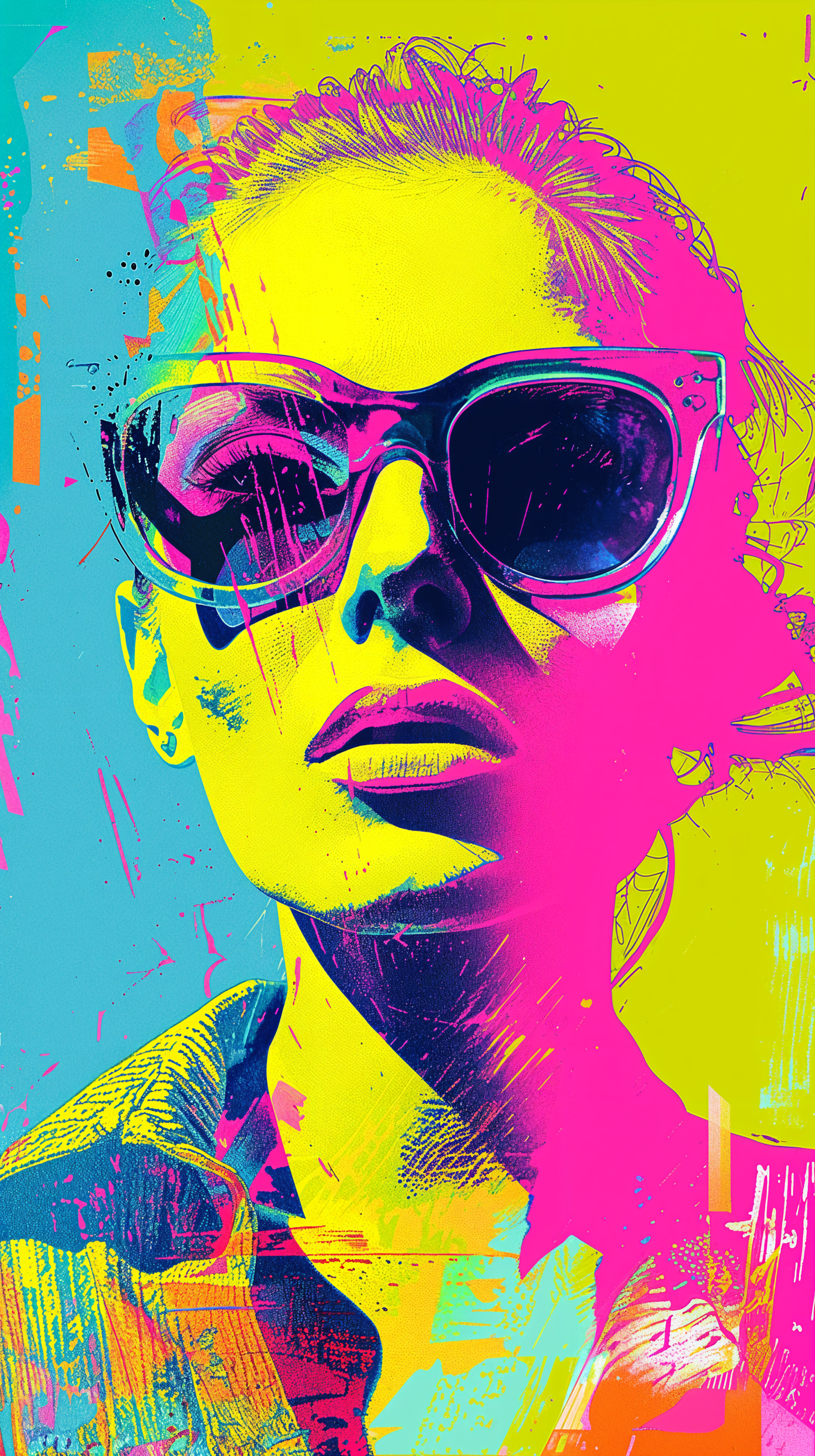 A vibrant artistic portrait of a woman in sunglasses, featuring bold colors and striking contrasts, designed as a captivating phone wallpaper.
