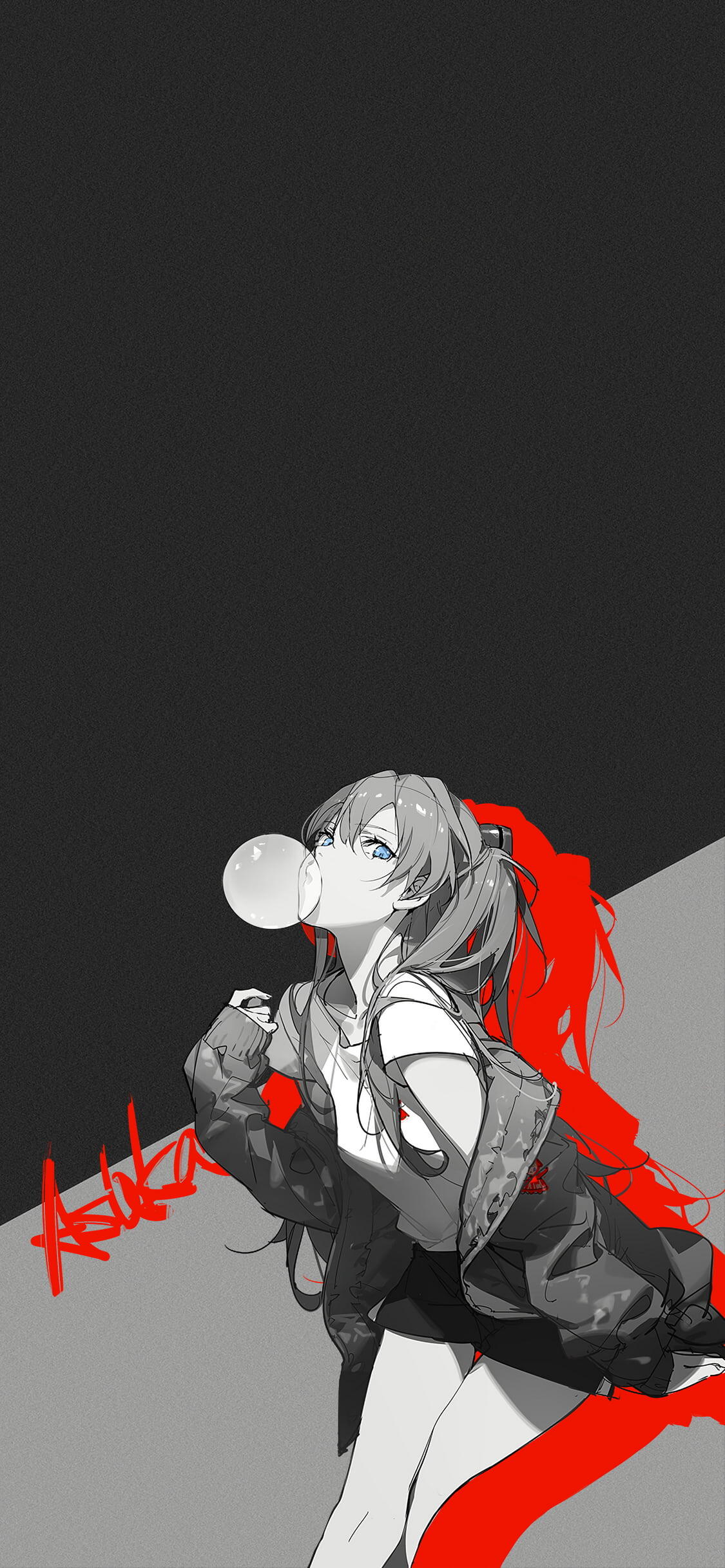Phone wallpaper of Asuka Langley Sohryu (Neon Genesis Evangelion): grayscale portrait with red accents, bubblegum and jacket, vertical layout for iPhones and Android phones.