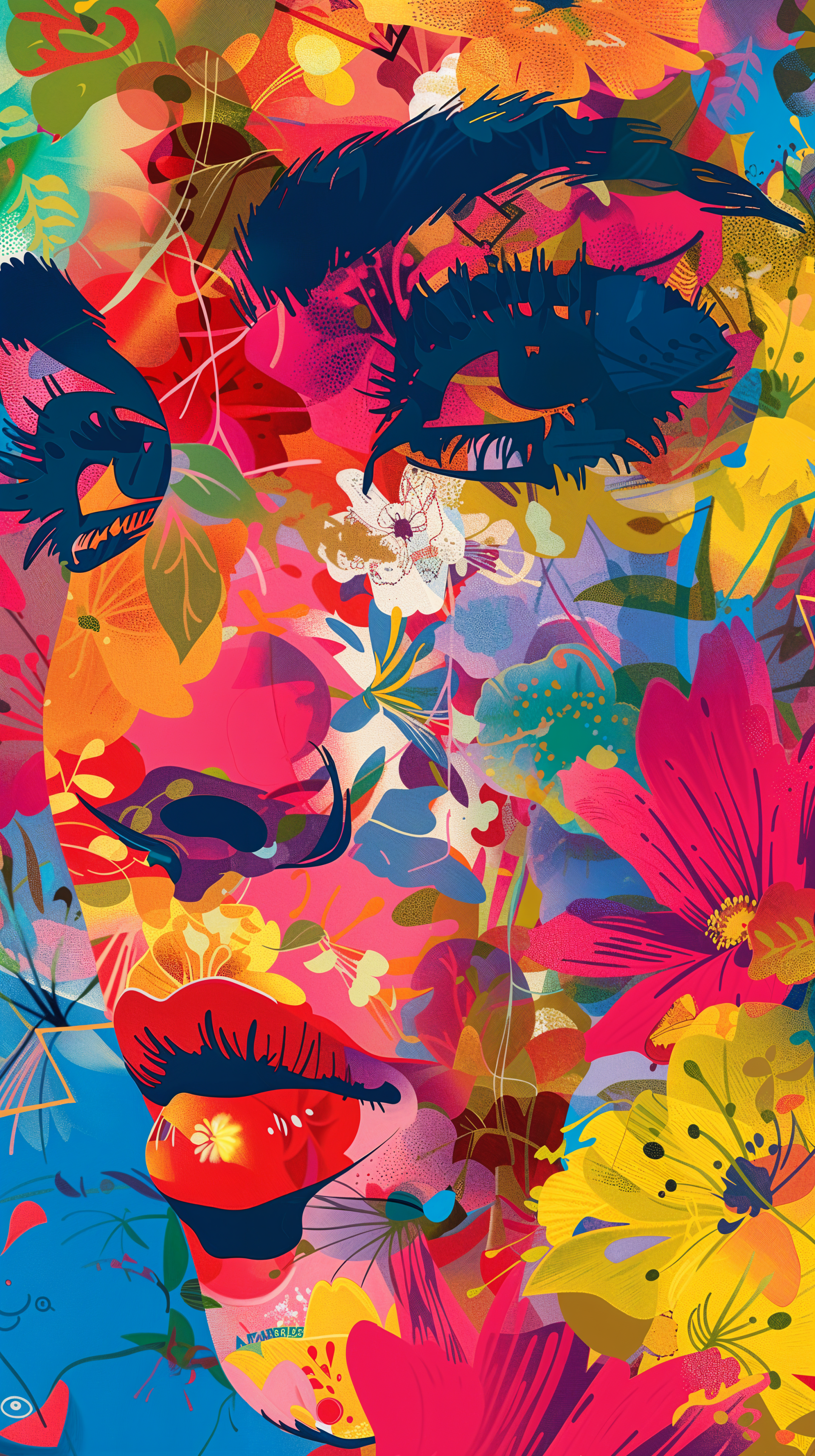 A vibrant, artistic portrait of a woman surrounded by colorful flowers, designed as a captivating phone wallpaper. The bold colors and intricate details create a striking visual impact.