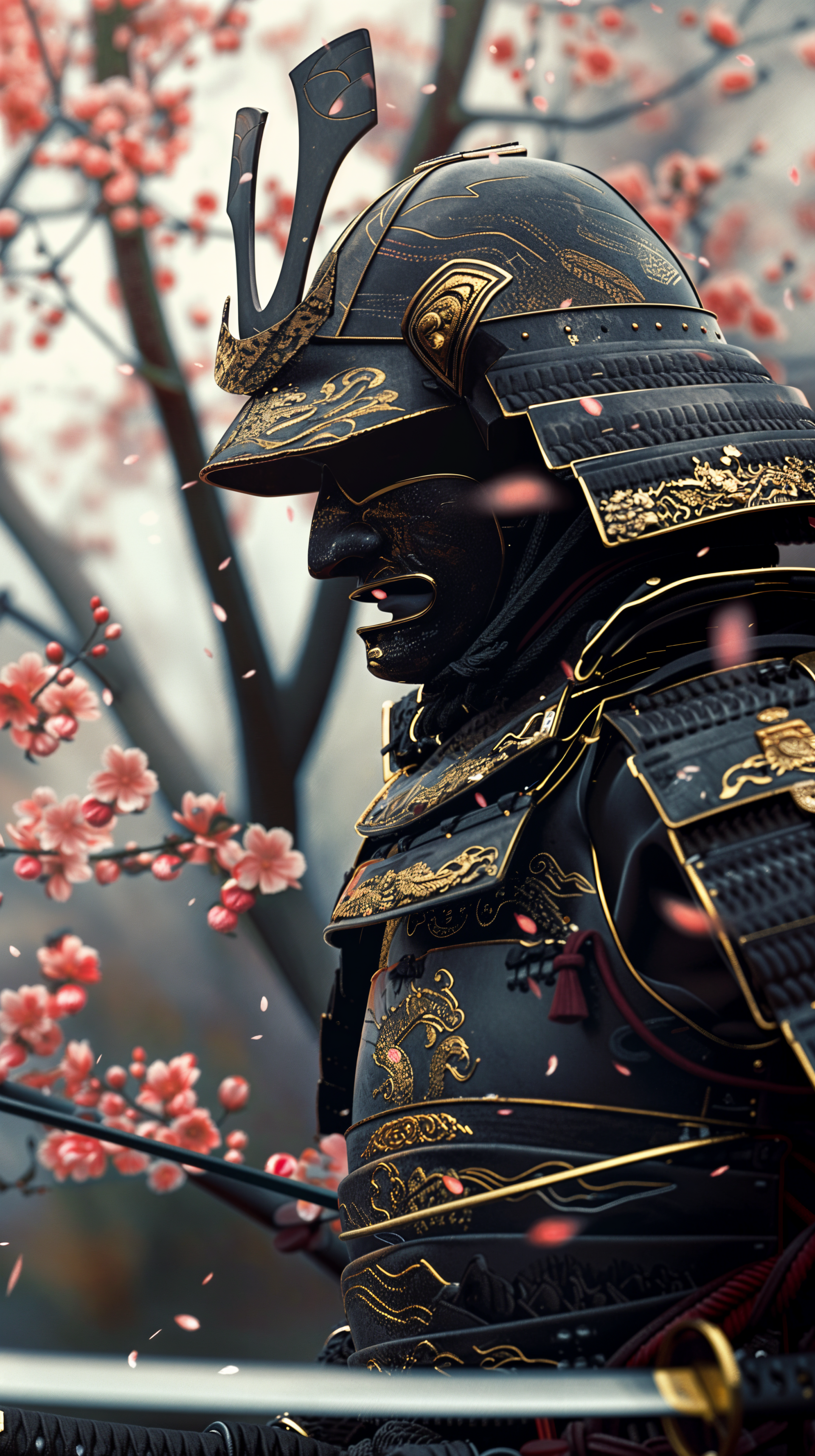 A detailed samurai stands poised among blooming cherry blossoms, embodying strength and elegance, serving as an inspiring phone wallpaper.