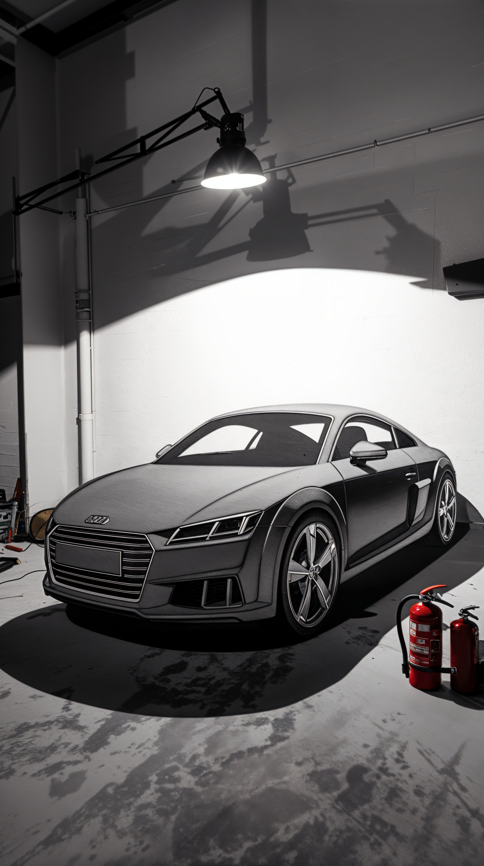 A sleek Audi sports car sits in a dimly lit garage, highlighting its modern design against a minimalist backdrop. This striking image serves as a dynamic phone wallpaper.