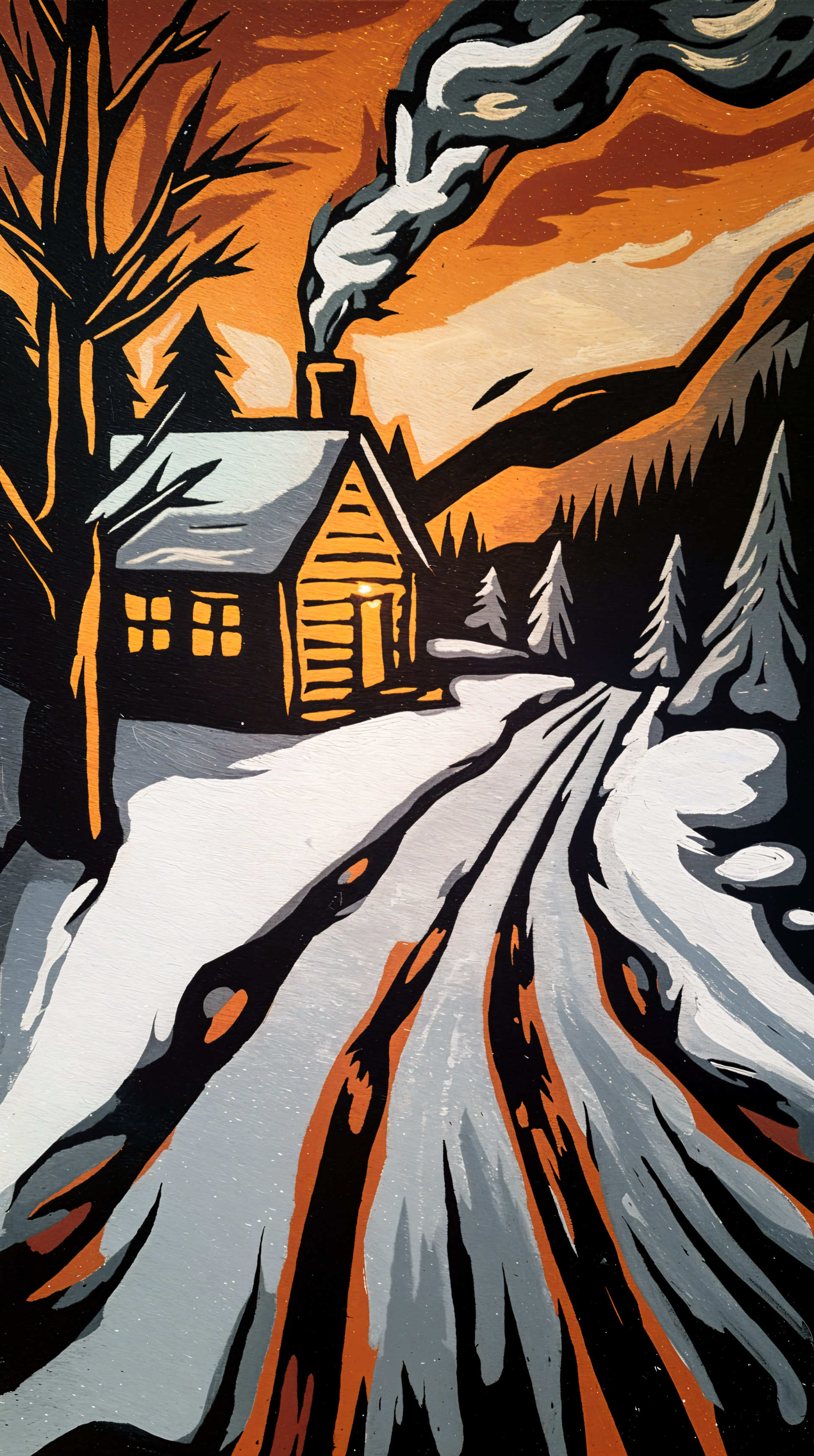 Winter night cabin scene in a snowy forest with smoke rising from the chimney, shown in warm orange and cool tones, designed as a vertical phone wallpaper for iPhones and Android devices.