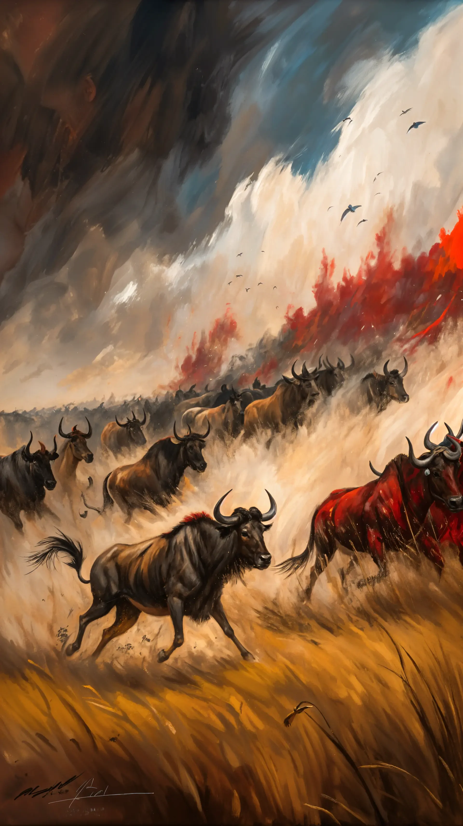 Painting of a wildlife stampede of wildebeests running through grassland with flames and smoke in the background, designed as a dynamic phone wallpaper for iPhone and Android.