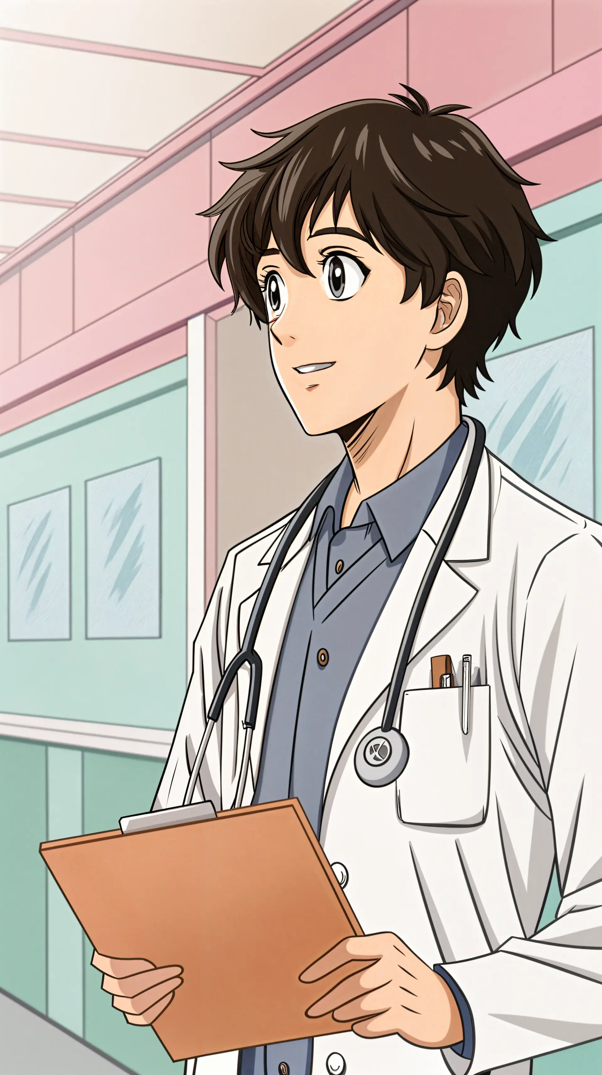 Anime-style male doctor holding a clipboard and wearing a stethoscope, standing in a hospital hallway. Phone wallpaper format for iPhone and Android.