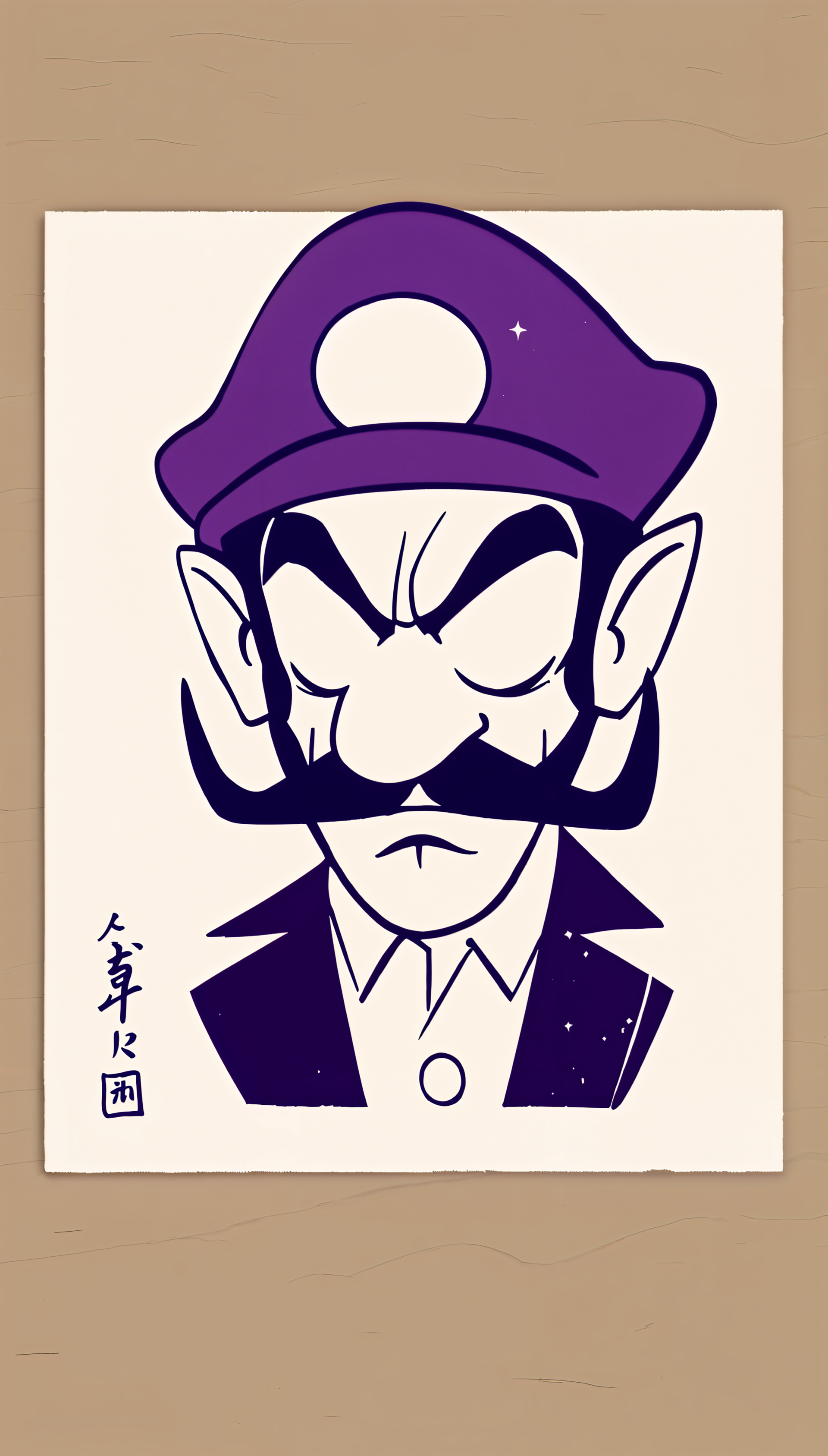 A bold illustration of Waluigi, featuring his distinctive purple cap and prominent mustache. This unique design serves as a fun phone wallpaper.