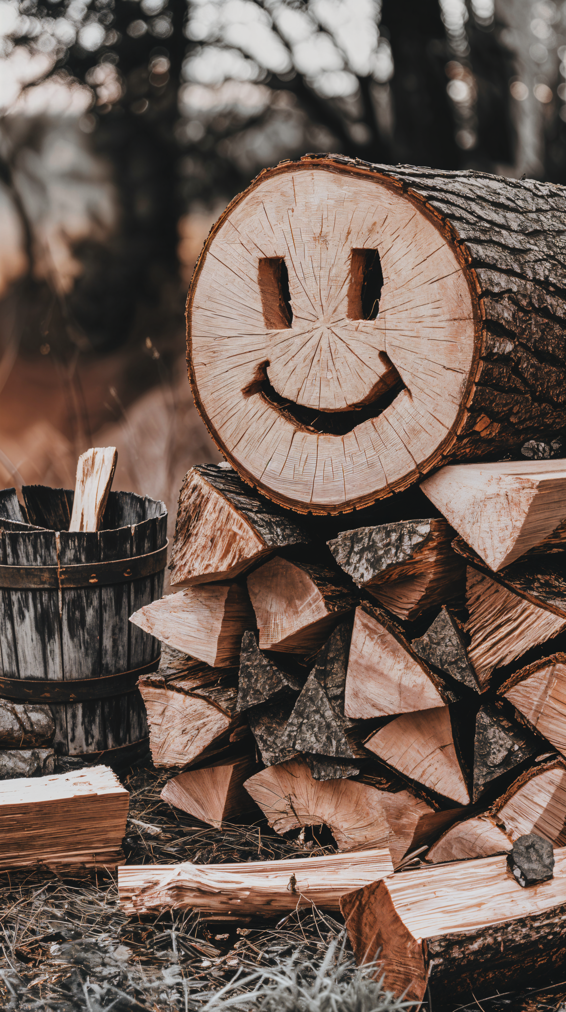 A cheerful log with a smiley face sits atop neatly stacked firewood, complemented by a wooden bucket in the background, making this a charming phone wallpaper.