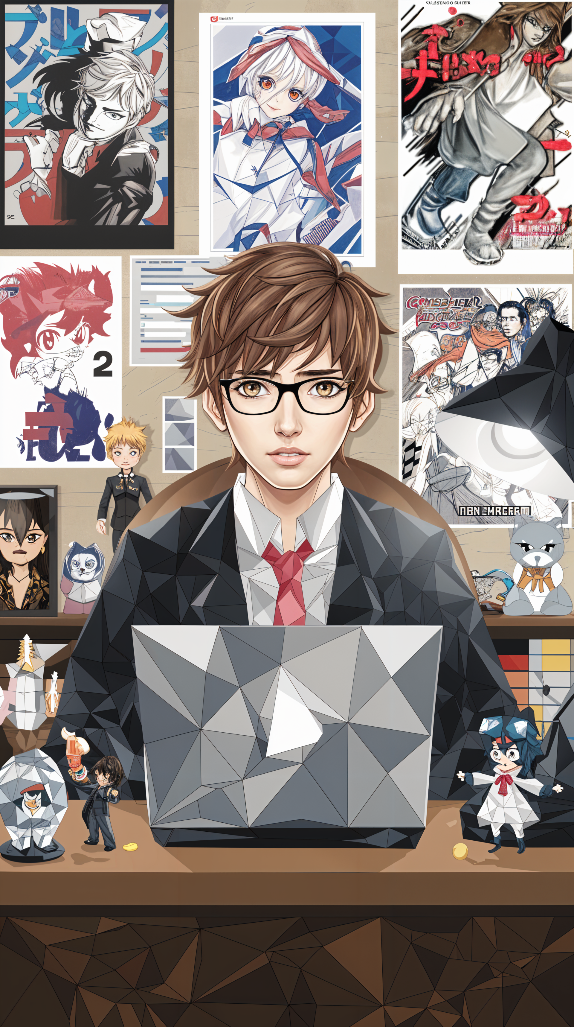A stylish otaku-themed phone wallpaper featuring a young person with glasses seated at a desk, surrounded by anime figurines and vibrant posters.