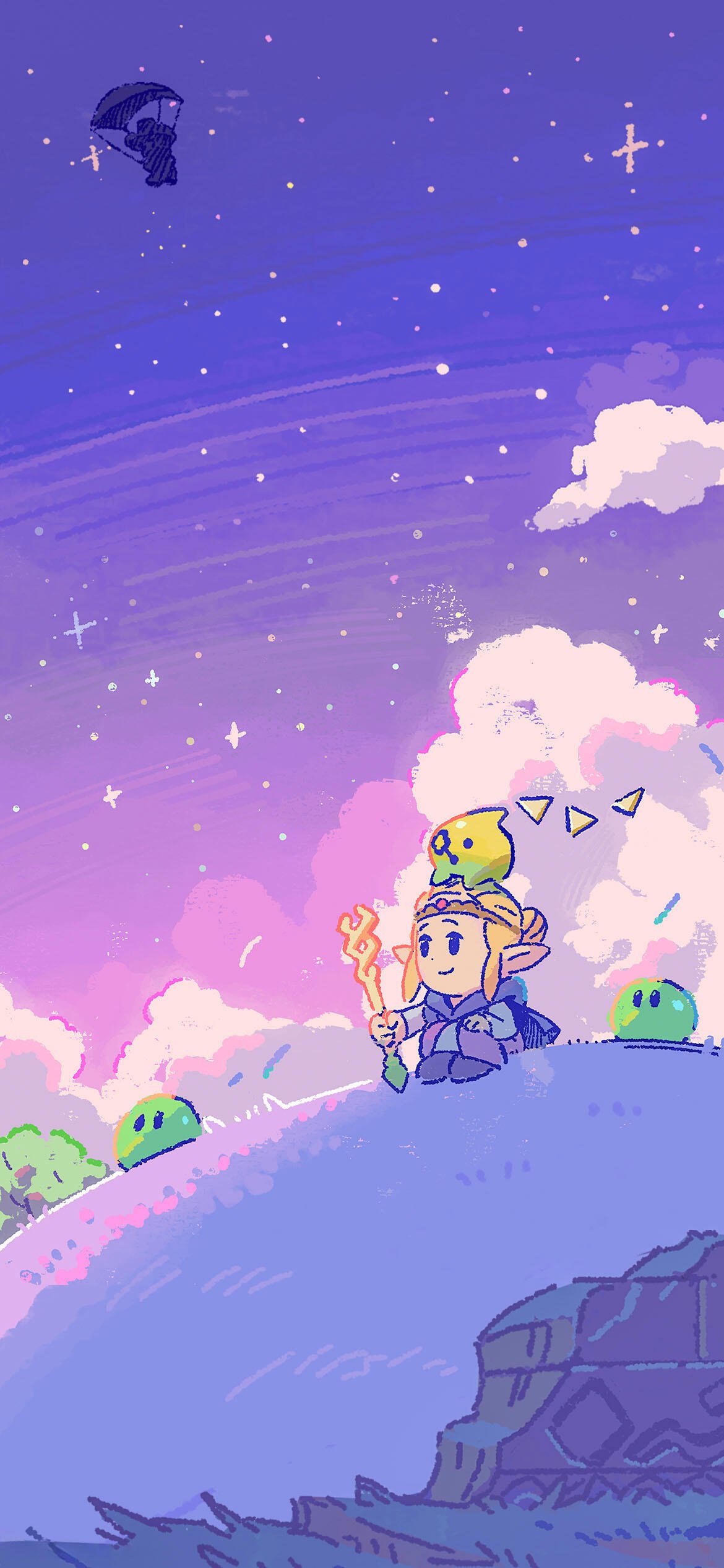 Phone wallpaper for iPhones and Android phones featuring a pixel art scene from The Legend of Zelda: Echoes of Wisdom with a character holding a flame atop a hill under a starry sky.