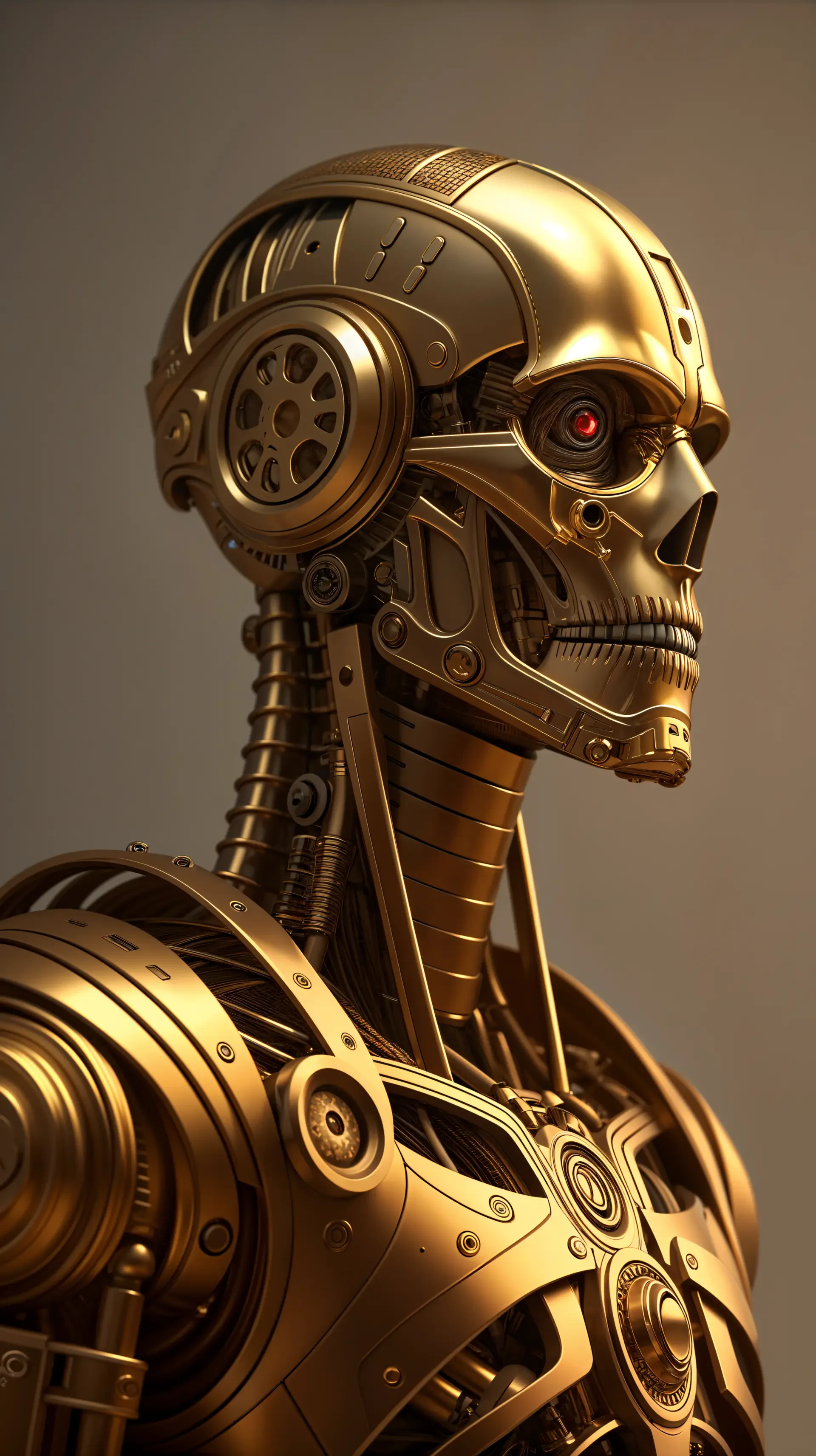 A detailed close-up of a golden robotic skull, showcasing intricate mechanics and a glowing red eye, inspired by the Terminator theme, designed as a striking phone wallpaper.