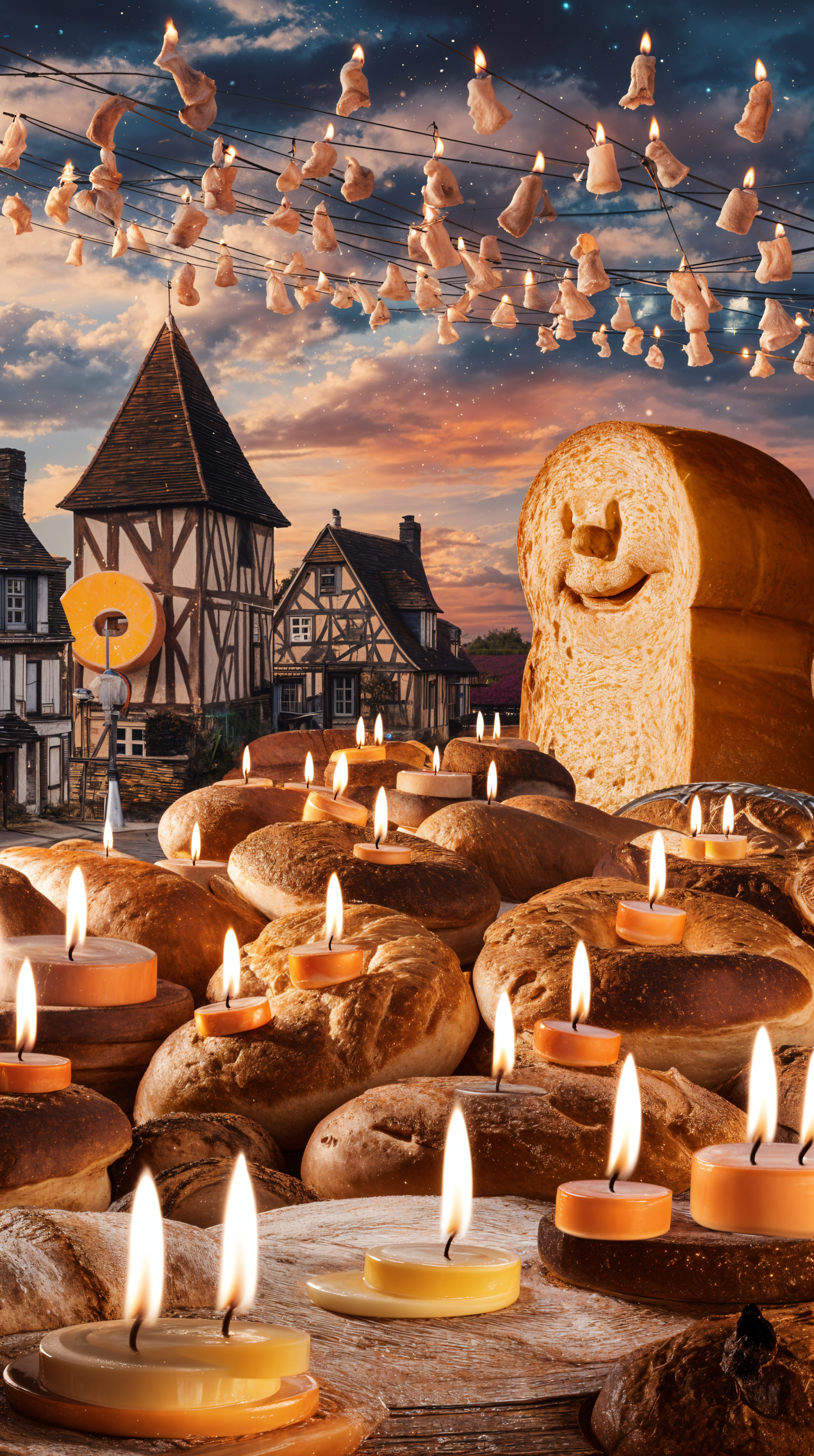 A vibrant phone wallpaper showcasing a picturesque French village scene with a variety of bread loaves and glowing candles under a starry sky, evoking warmth and charm.