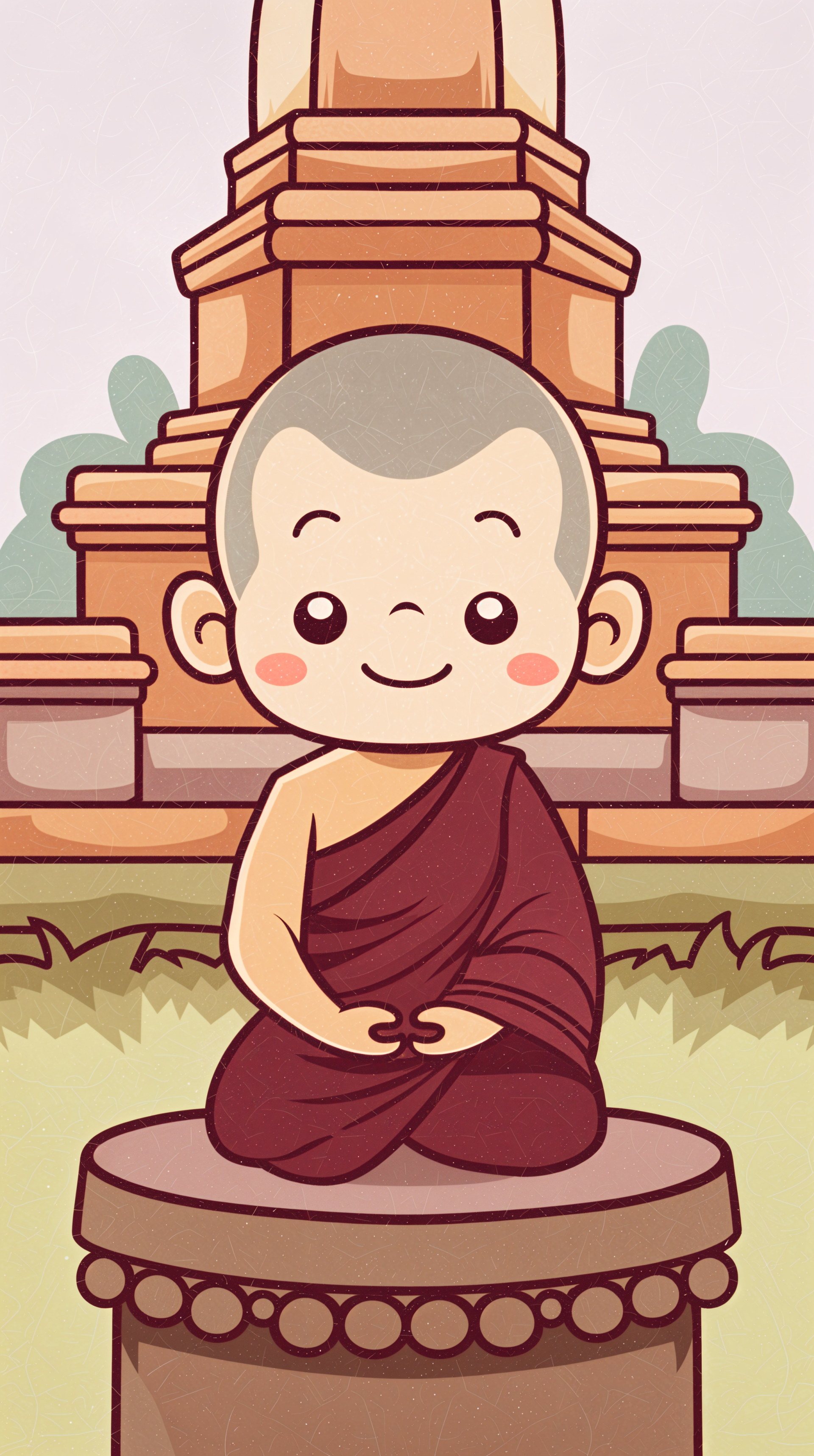A cheerful cartoon monk sits peacefully on a stone pedestal, surrounded by a serene landscape. This charming image makes an inviting phone wallpaper.