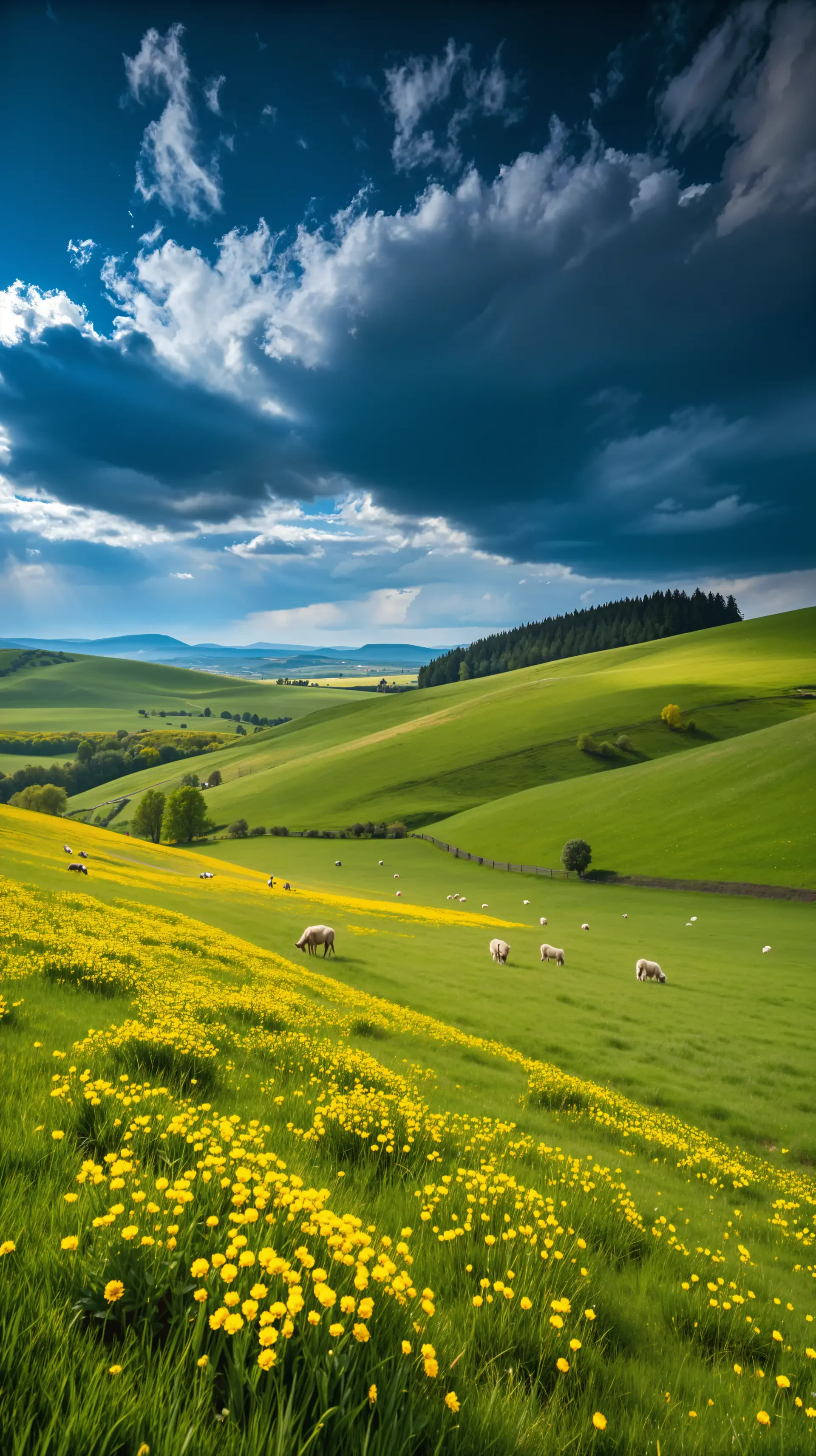 A vibrant pasture filled with blooming yellow flowers and grazing sheep under a dramatic sky. This serene landscape makes an inviting phone wallpaper.