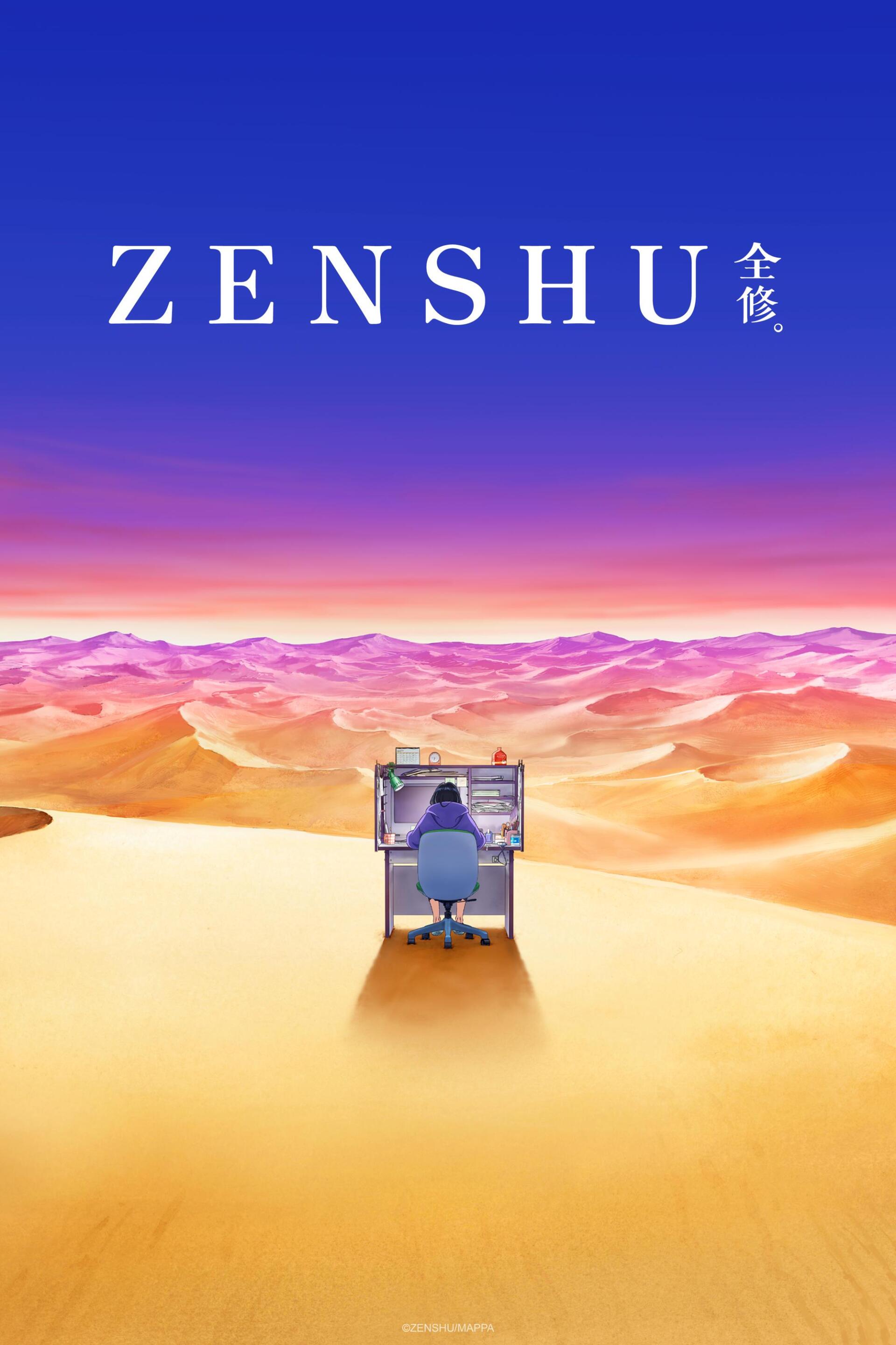 A serene anime-inspired phone wallpaper featuring a character at a desk in a vast desert landscape, with vibrant colors and the word Zenshu prominently displayed.