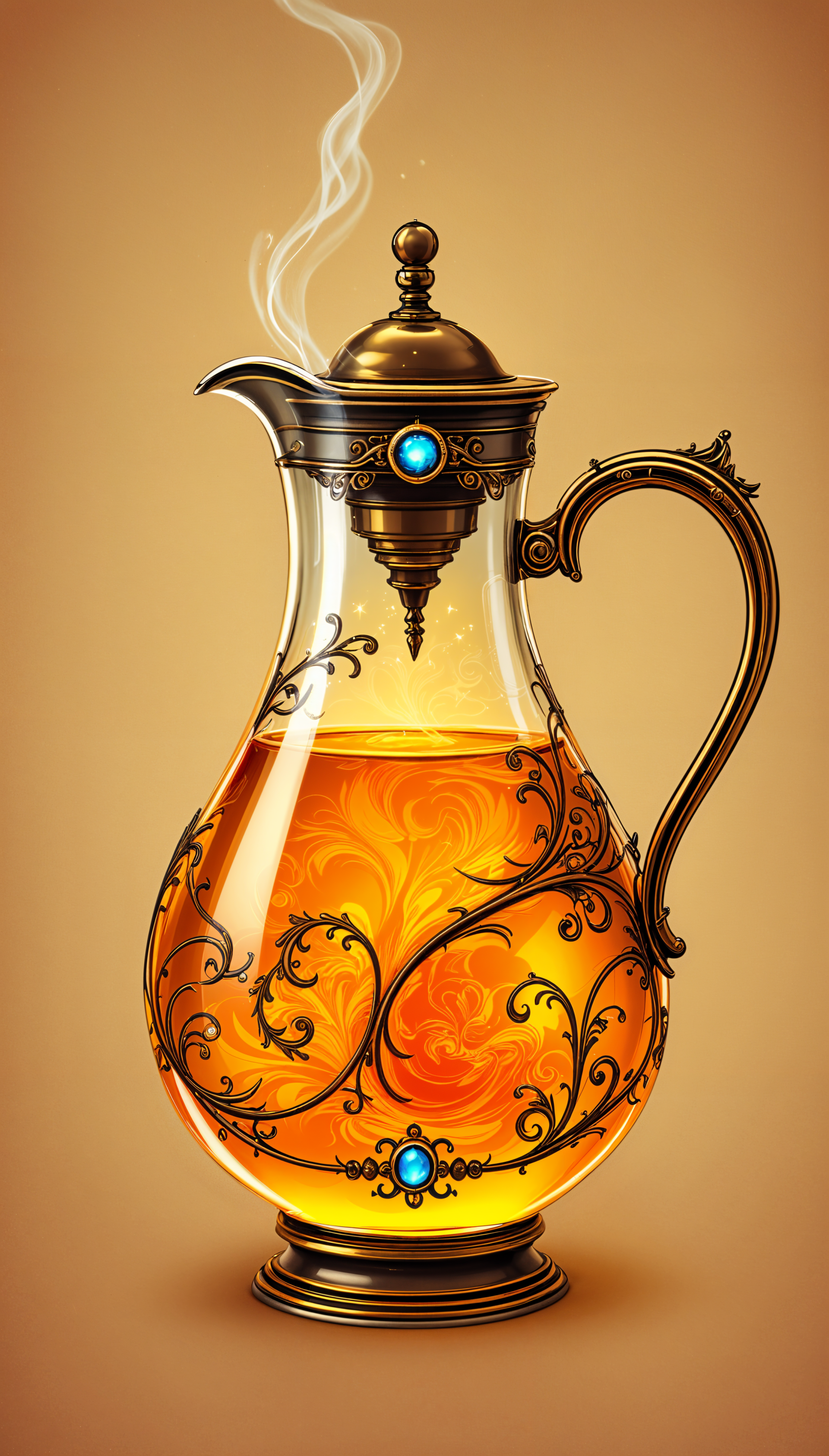 A beautifully ornate pitcher filled with golden cider, emitting wisps of steam, set against a warm, neutral background—an elegant phone wallpaper choice.