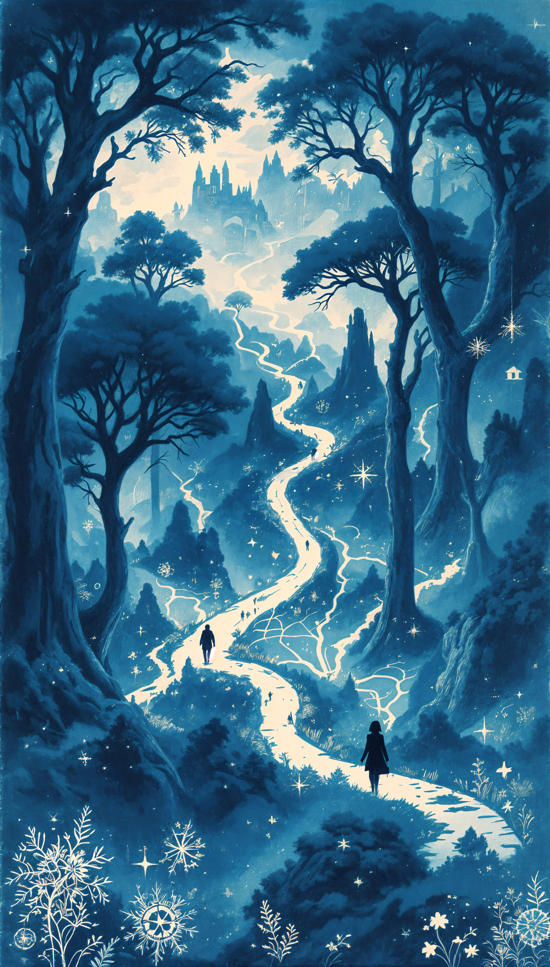 A serene phone wallpaper depicting a winding river through a mystical blue forest, with silhouettes of two figures walking amidst towering trees and twinkling stars.