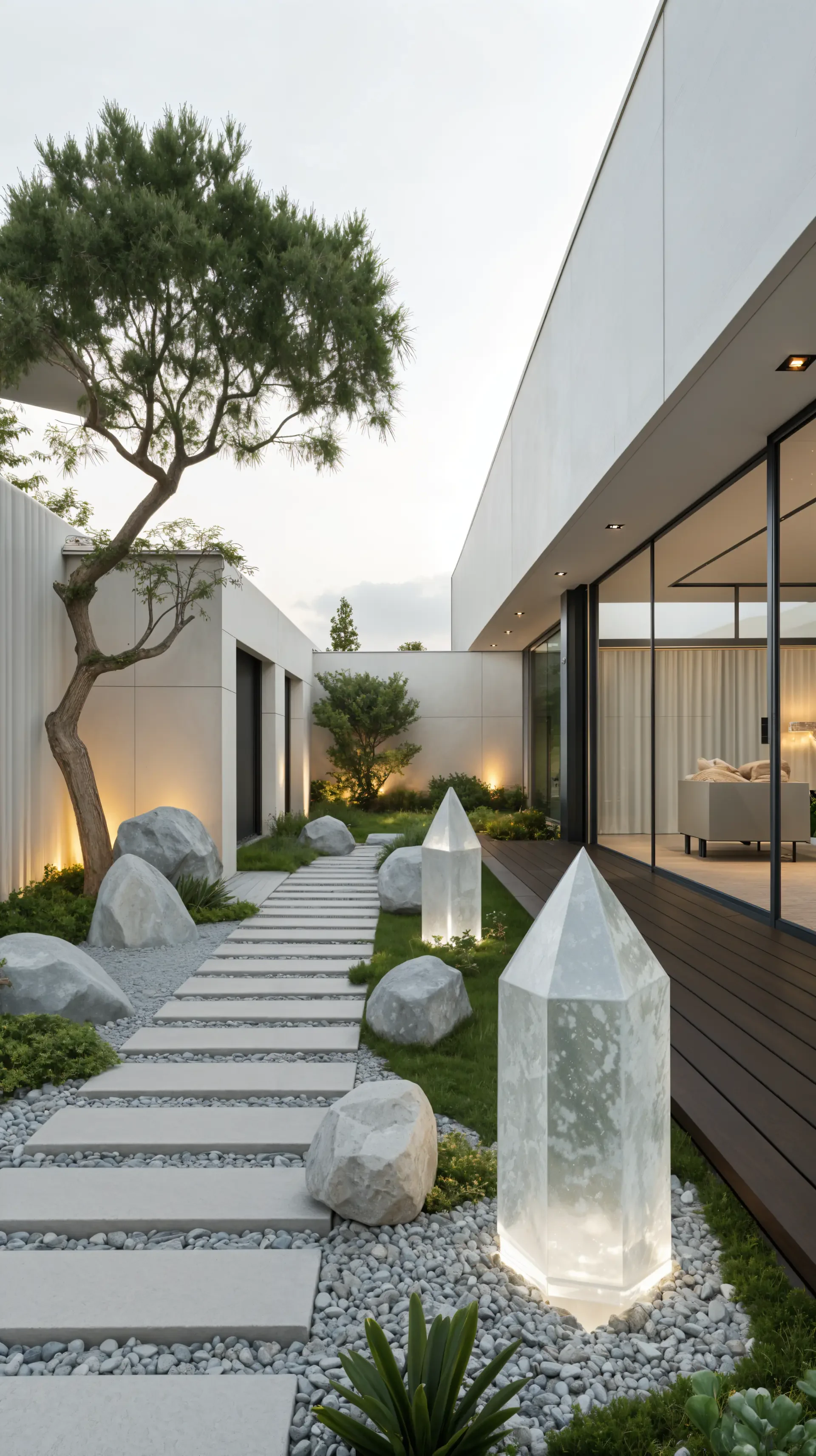 A sleek modern landscaping design features a stone pathway leading through lush greenery, illuminated by crystal-like stone accents, set against a contemporary home backdrop.