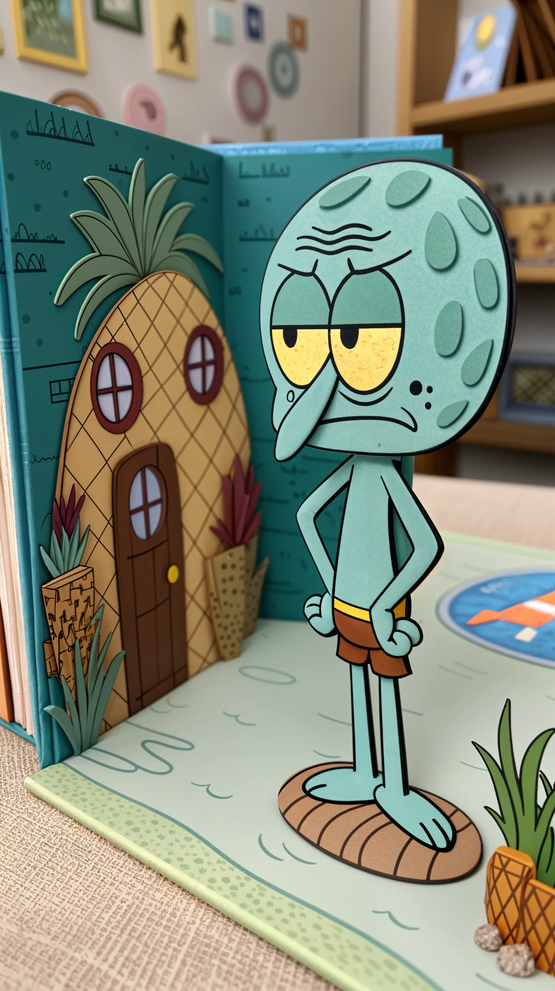 A whimsical phone wallpaper featuring Squidward Tentacles, standing with an annoyed expression beside a pineapple house in a colorful, playful scene.