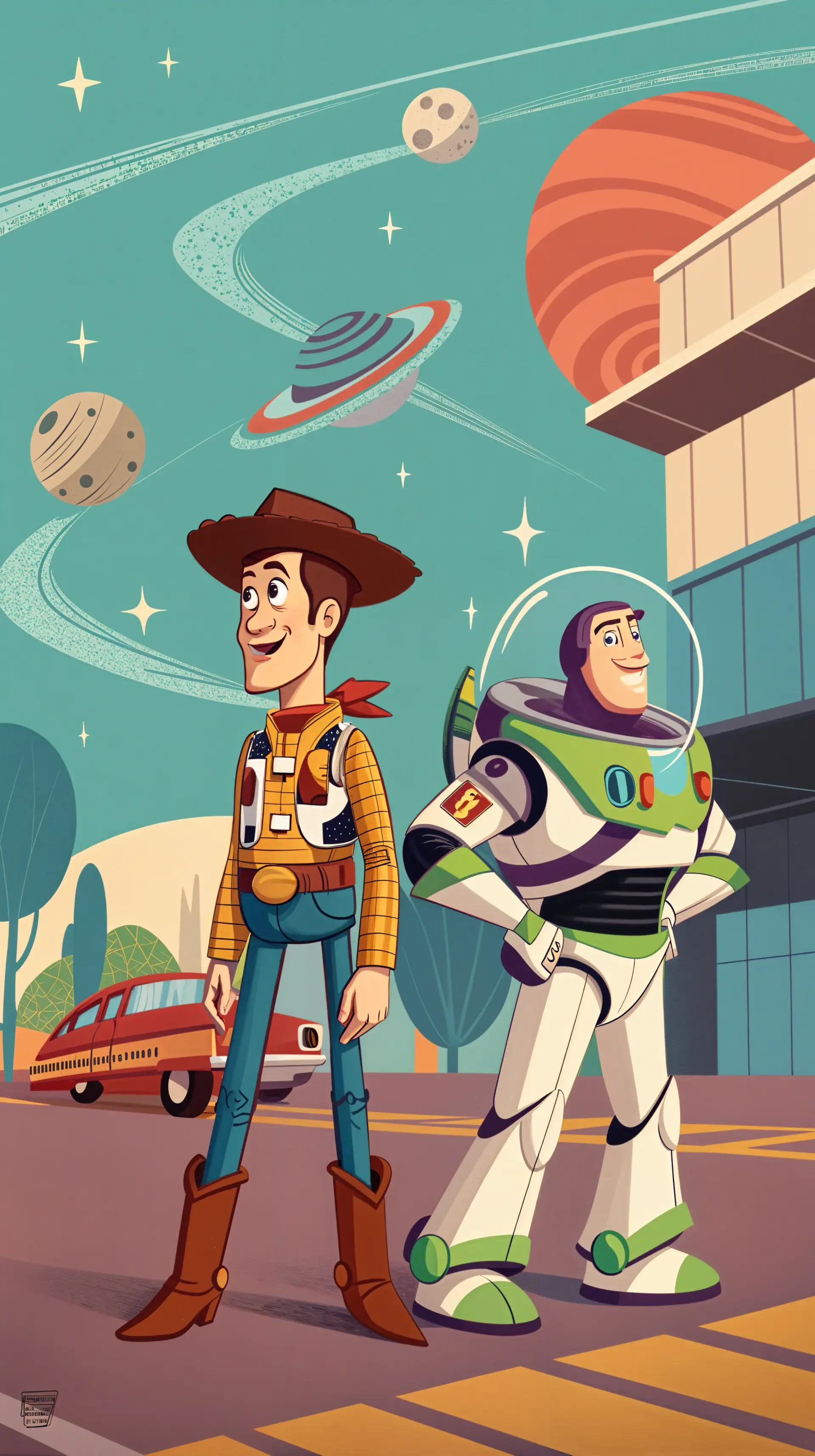 A vibrant phone wallpaper featuring Woody and Buzz Lightyear from Toy Story, set against a whimsical cosmic backdrop with planets and stars.