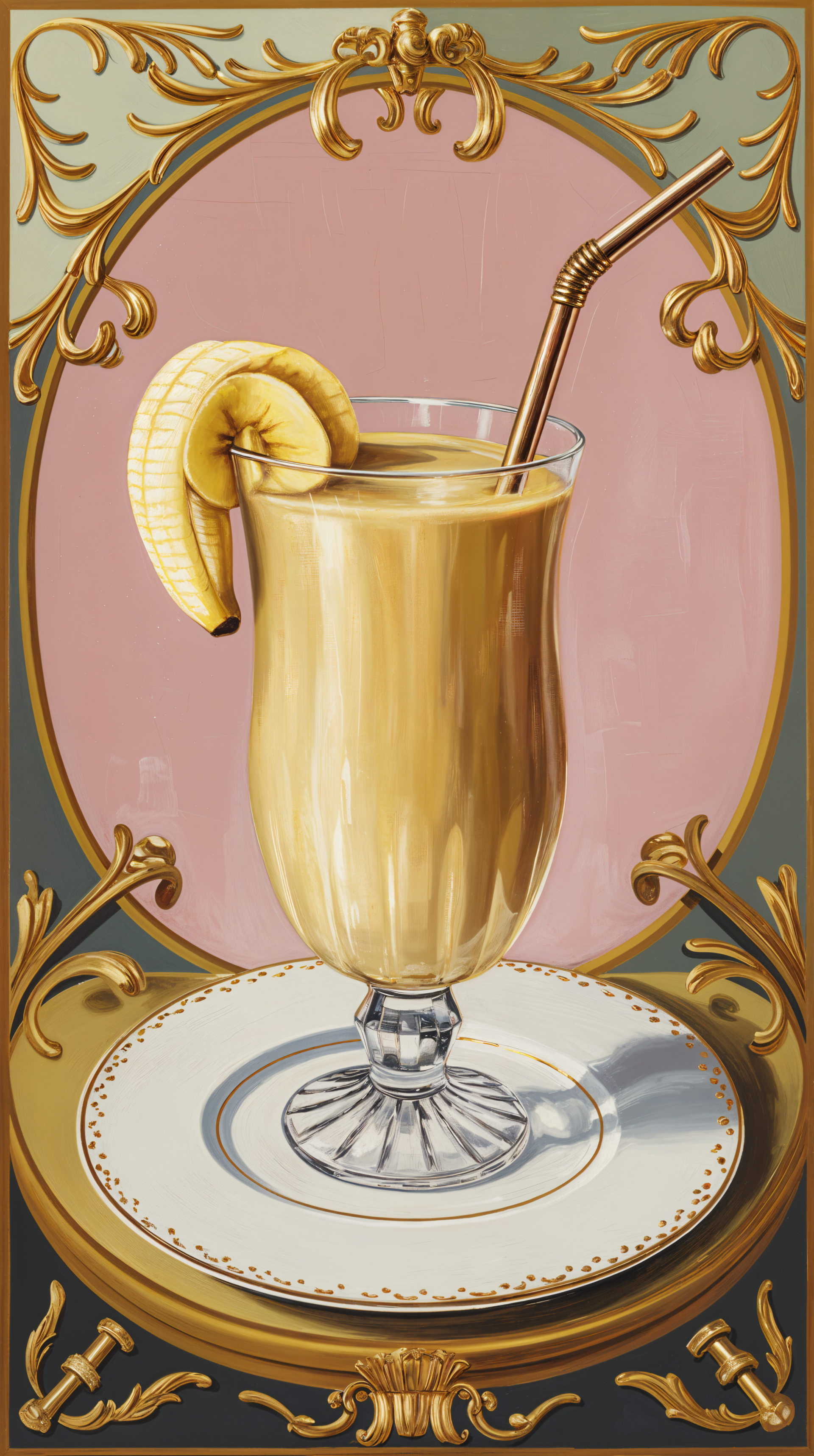 A beautifully illustrated phone wallpaper featuring a smoothie in an elegant glass, adorned with a banana slice and a straw, all set against a decorative background.