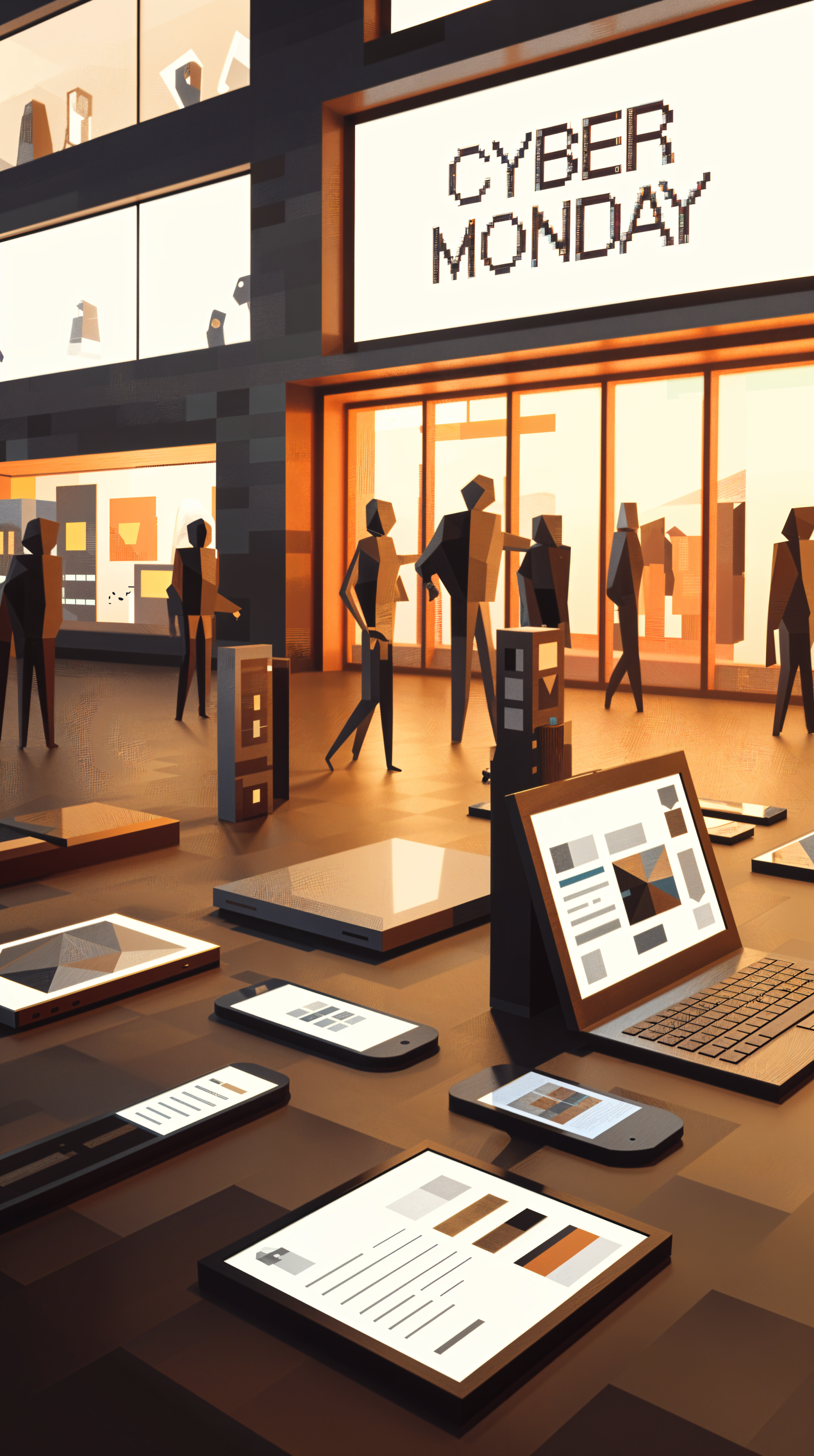 A vibrant phone wallpaper featuring a modern storefront adorned with “CYBER MONDAY” signage, showcasing various tech gadgets and silhouettes of shoppers.