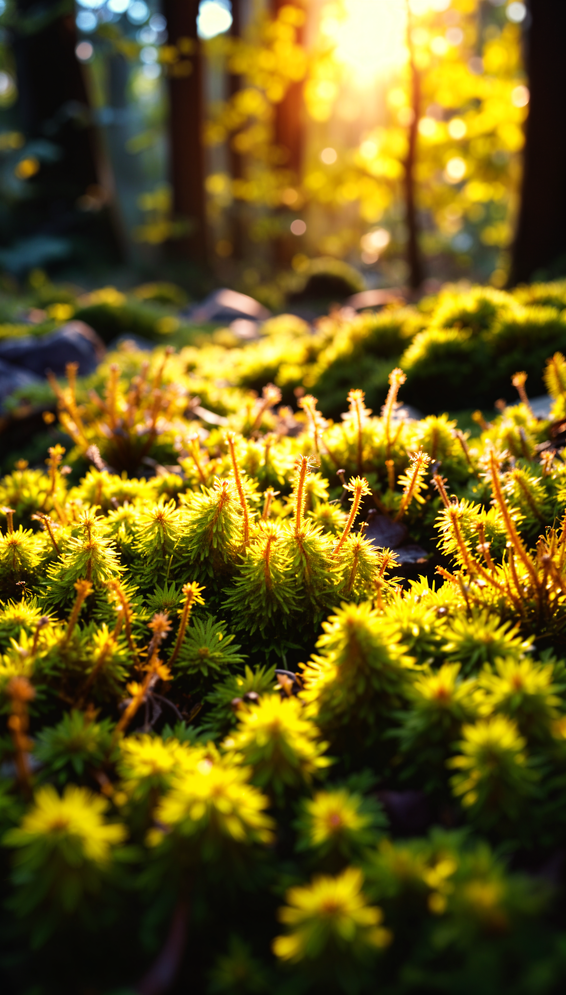 A vibrant close-up of lush green moss illuminated by soft sunlight filtering through trees, creating a serene and natural phone wallpaper.