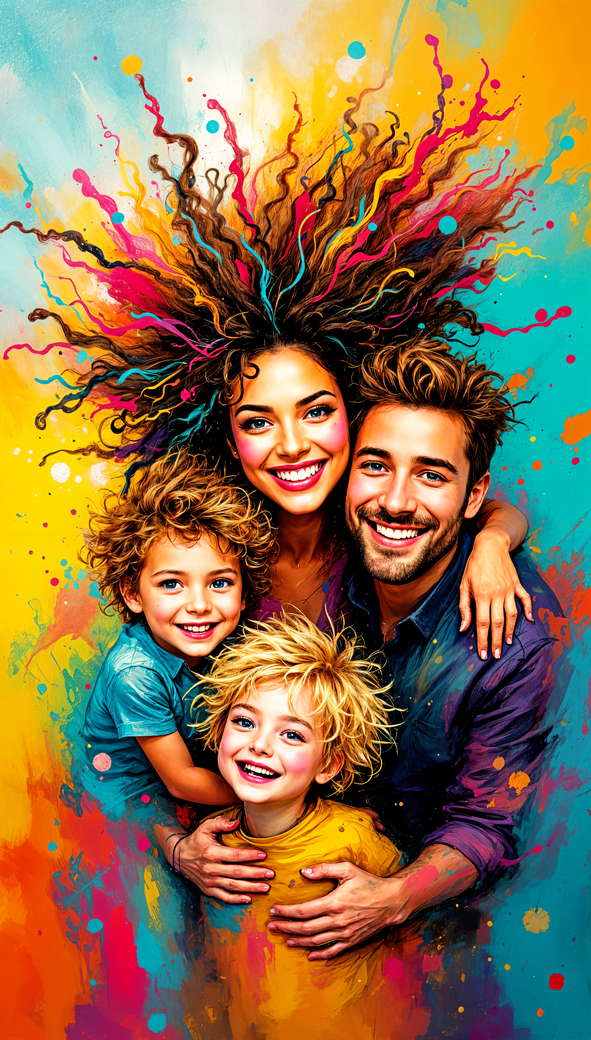 A vibrant and colorful phone wallpaper featuring a happy family of four, smiling together against a background of swirling colors, celebrating joy and togetherness.
