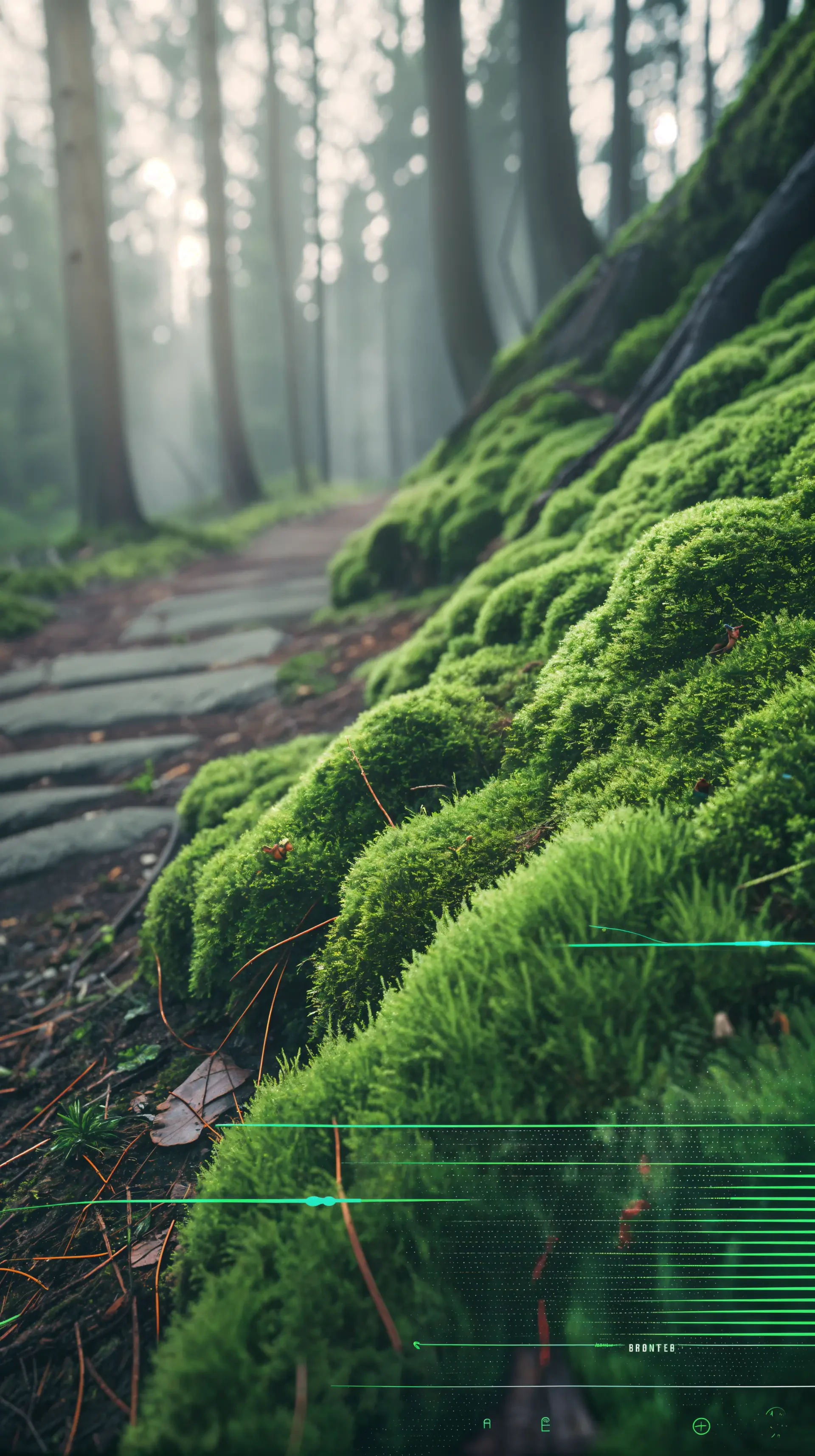 A lush green moss-covered path in a misty forest, creating a serene atmosphere, serves as a calming phone wallpaper. The soft textures invite a sense of nature's tranquility.