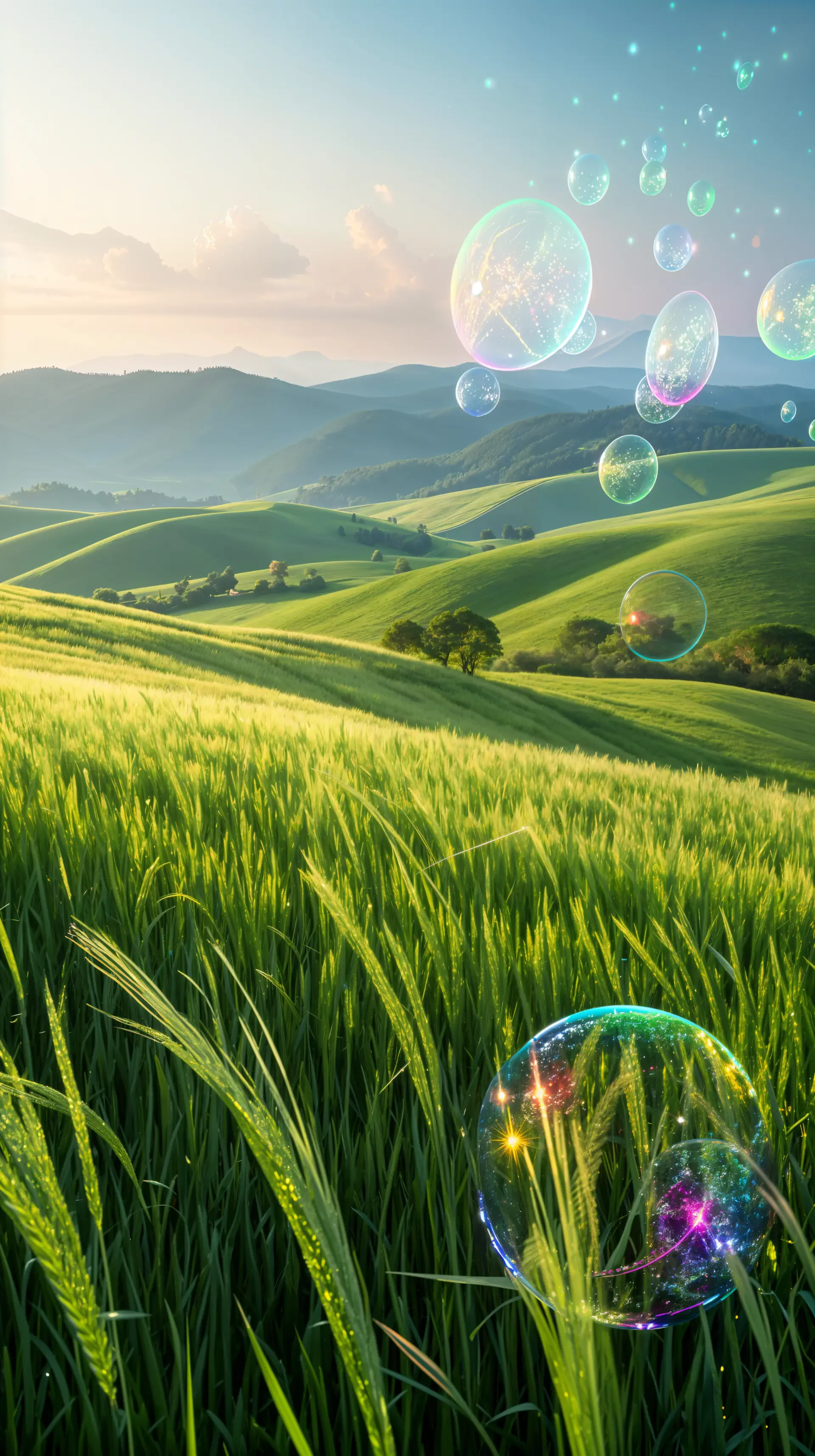 A serene grassland landscape with rolling hills and vibrant green grass, accented by colorful bubbles floating in the air, creating a whimsical phone wallpaper scene.